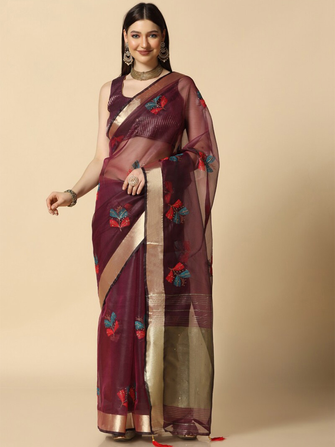 

ASISA Embroidered Organza Designer Saree, Violet