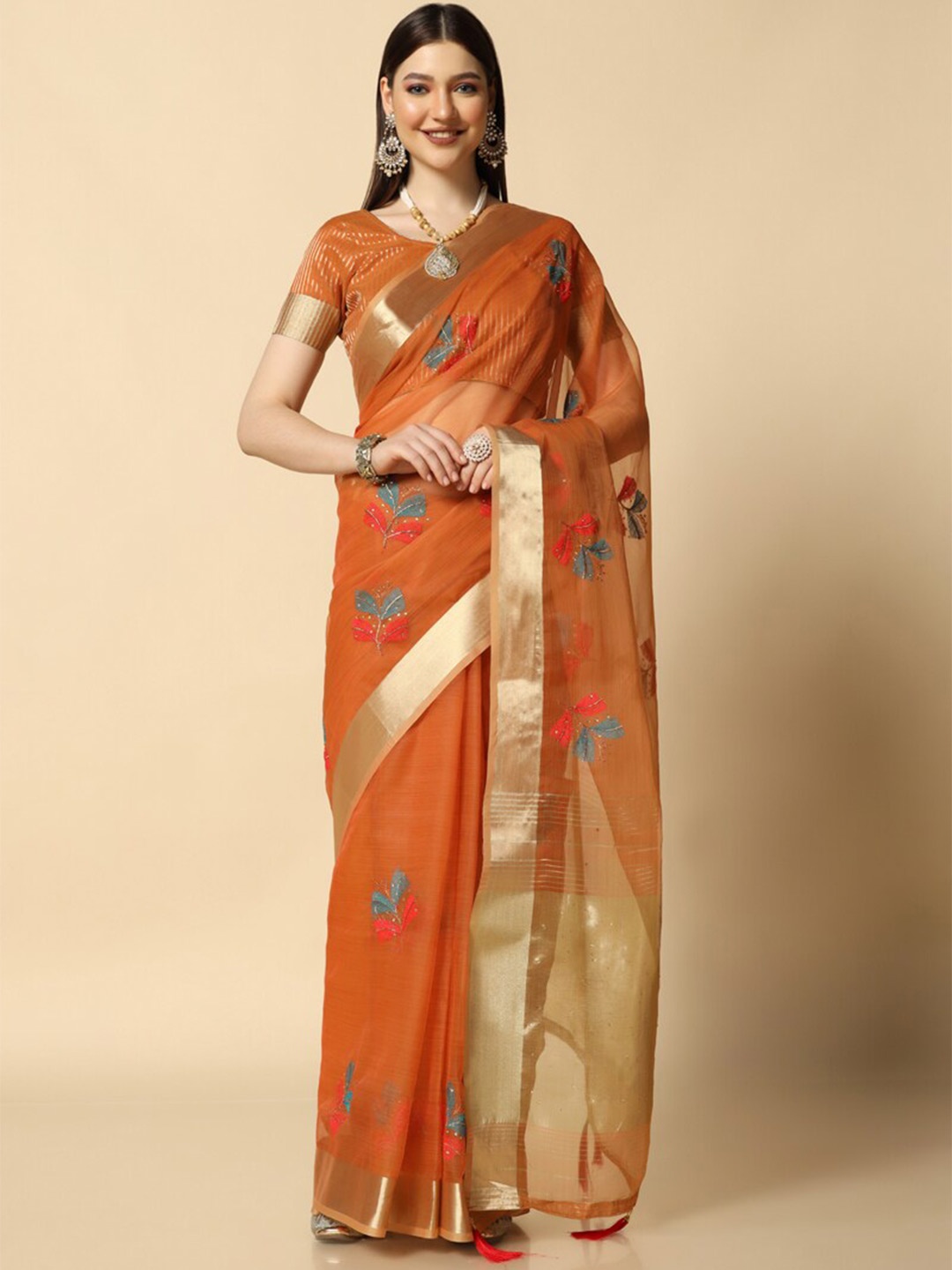 

ASISA Floral Zari Organza Designer Saree, Orange