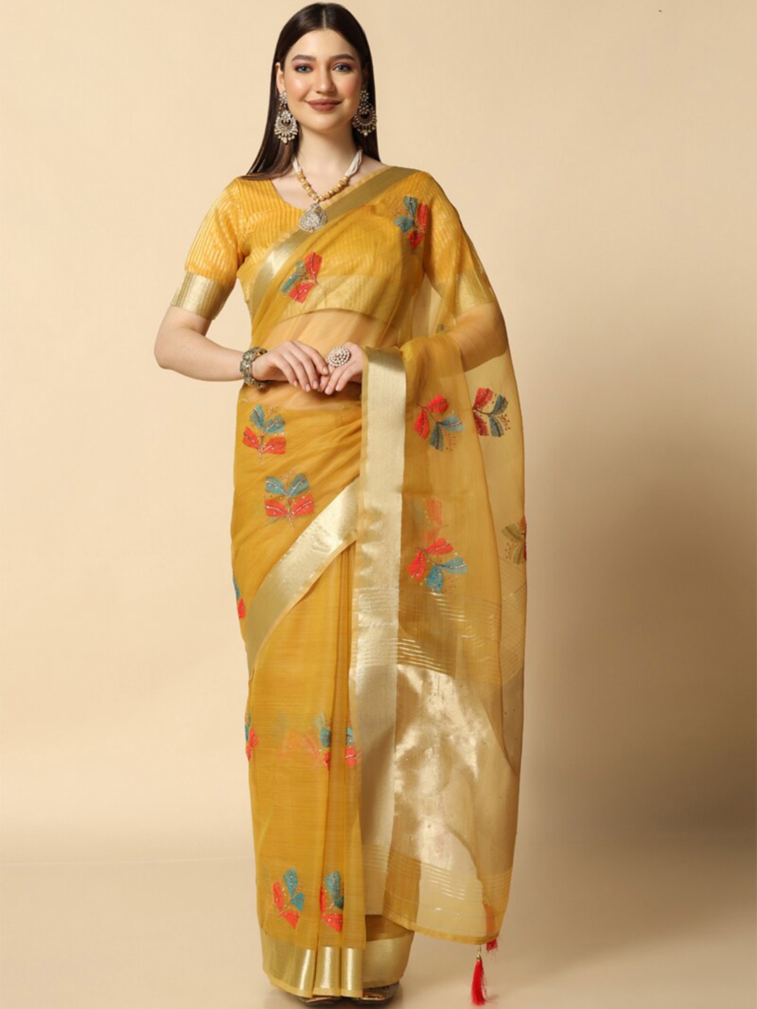 

ASISA Floral Embroidered Organza Designer Saree, Yellow