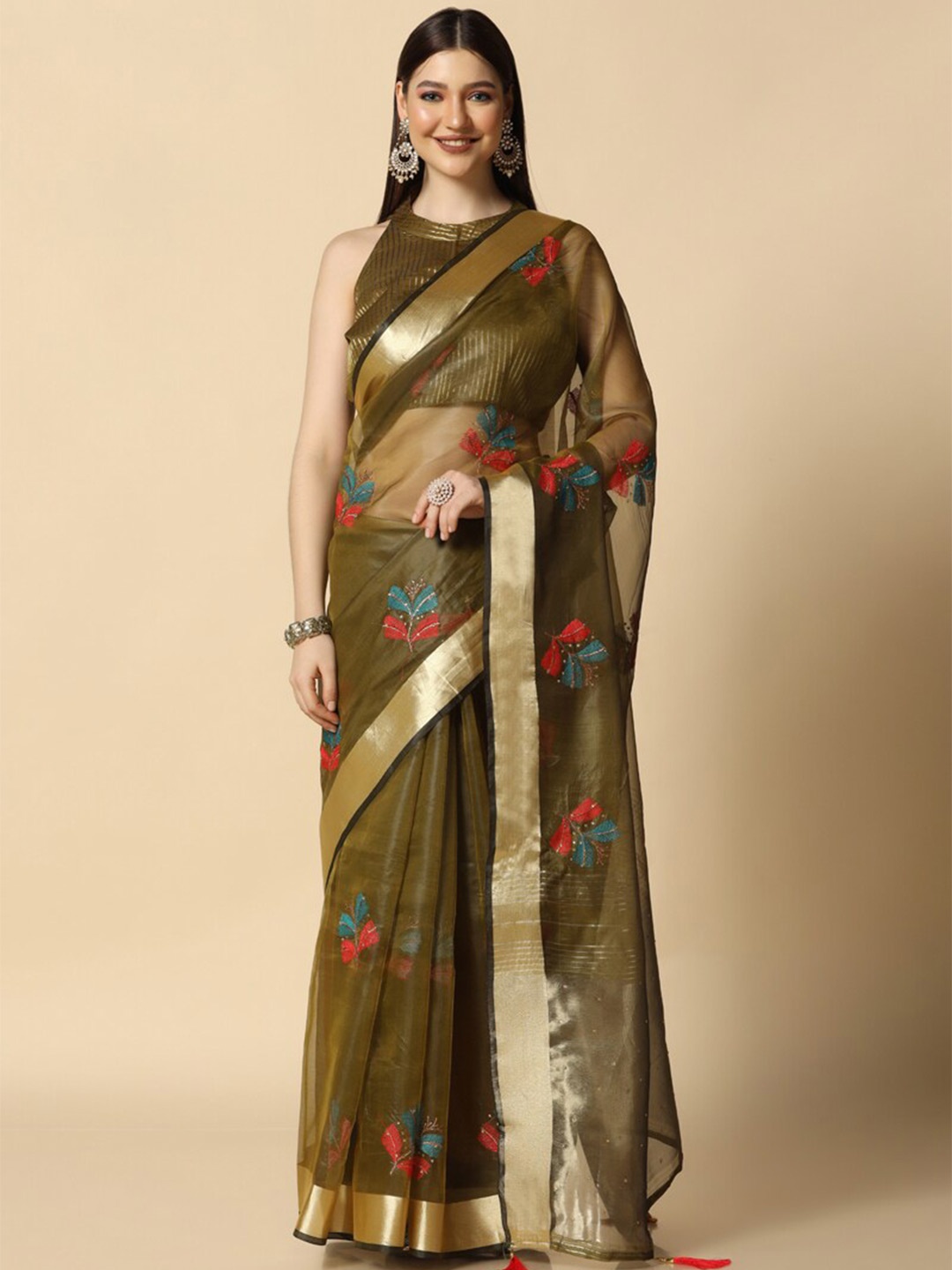 

ASISA Embroidered Zari Organza Designer Saree, Olive