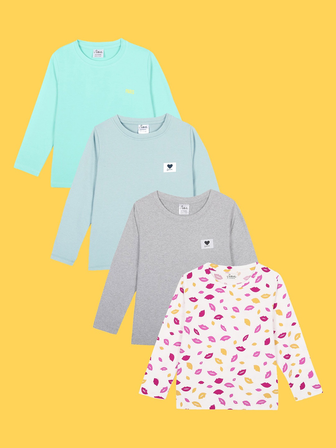 

Anthrilo Girls Pack Of 4 Printed Round Neck Cotton T-shirt, Sea green