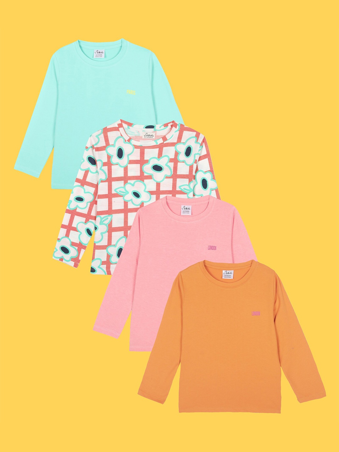 

Anthrilo Girls Pack Of 4 Floral Printed Cotton T-shirt, Peach