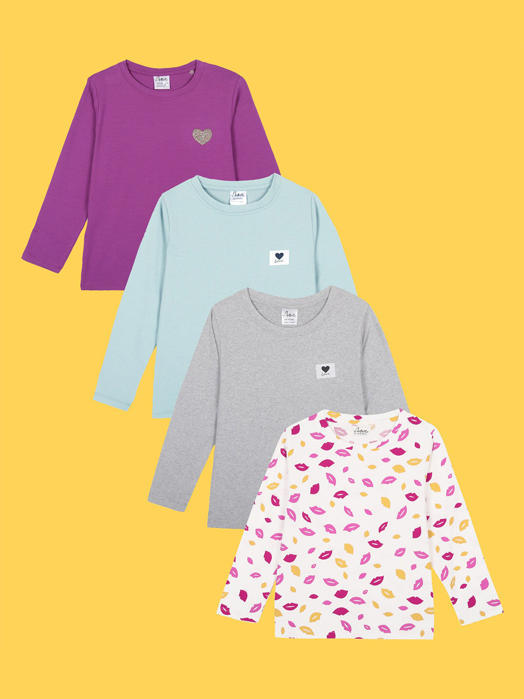 

Anthrilo Girls Pack Of 4 Printed Round Neck Cotton T-shirt, Sea green