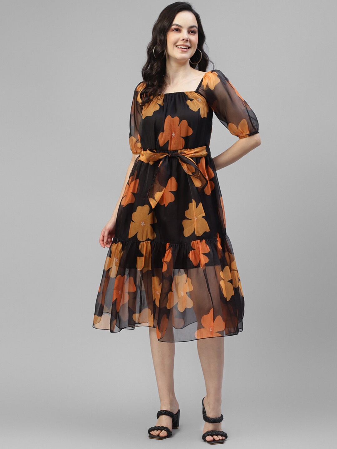 

DEEBACO Floral Printed Puff Sleeve Georgette Fit & Flare Midi Dress, Black