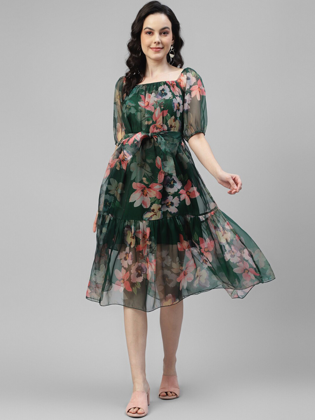 

DEEBACO Floral Printed Tiered Puff Sleeve Chiffon Fit & Flare Midi Dress, Green