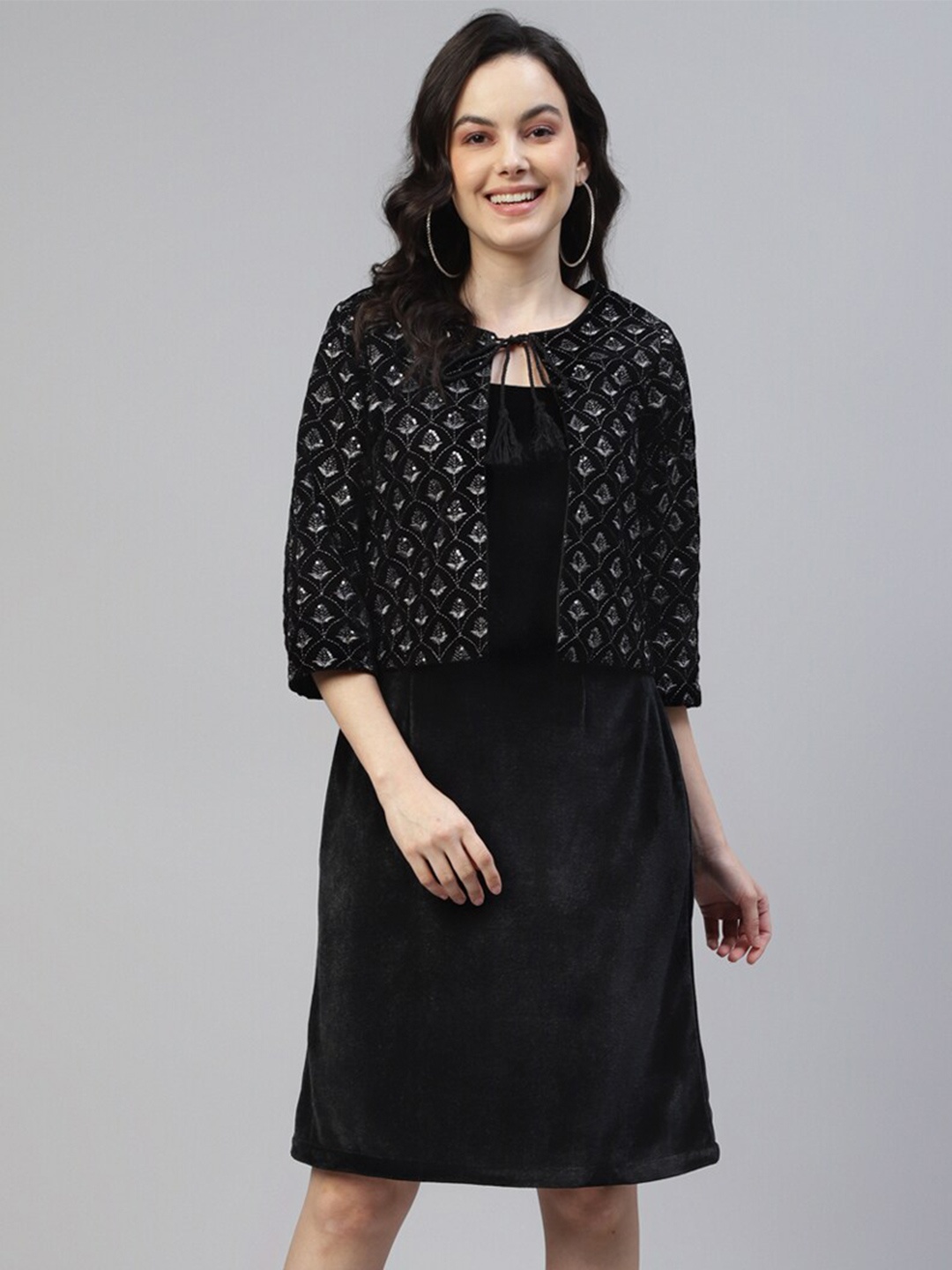 

DEEBACO Ethnic Motifs Embroidered Tie-Up Neck Velvet A-Line Dress, Black