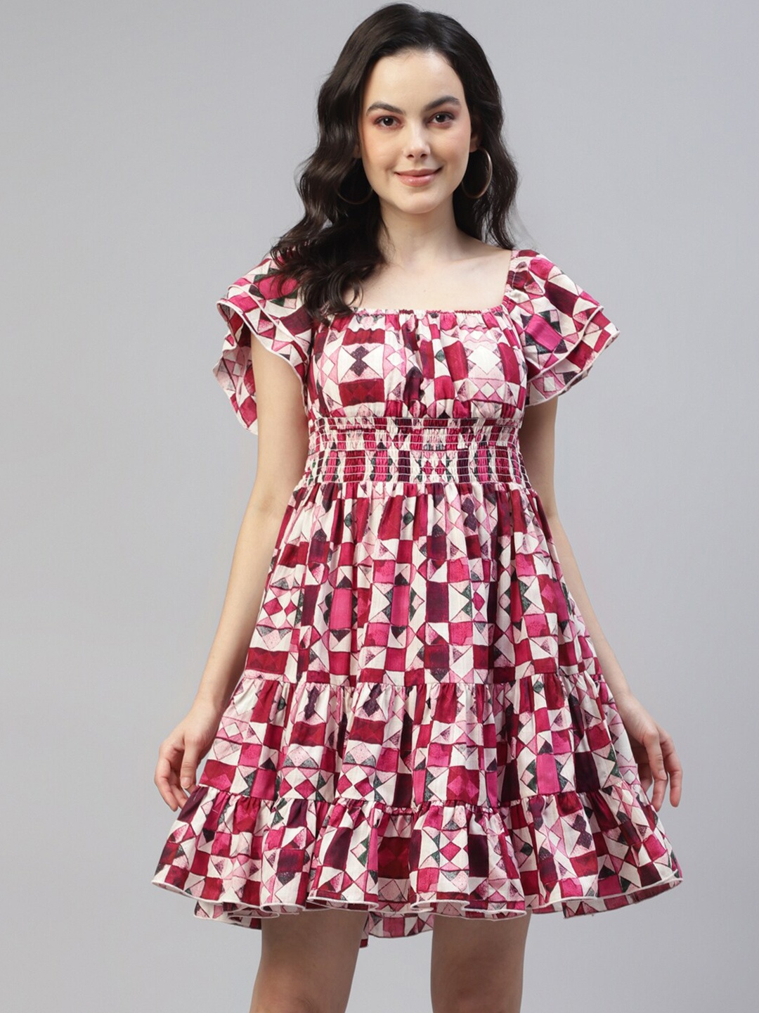 

DEEBACO Geometric Printed Smocked Tiered Fit & Flare Dress, Pink