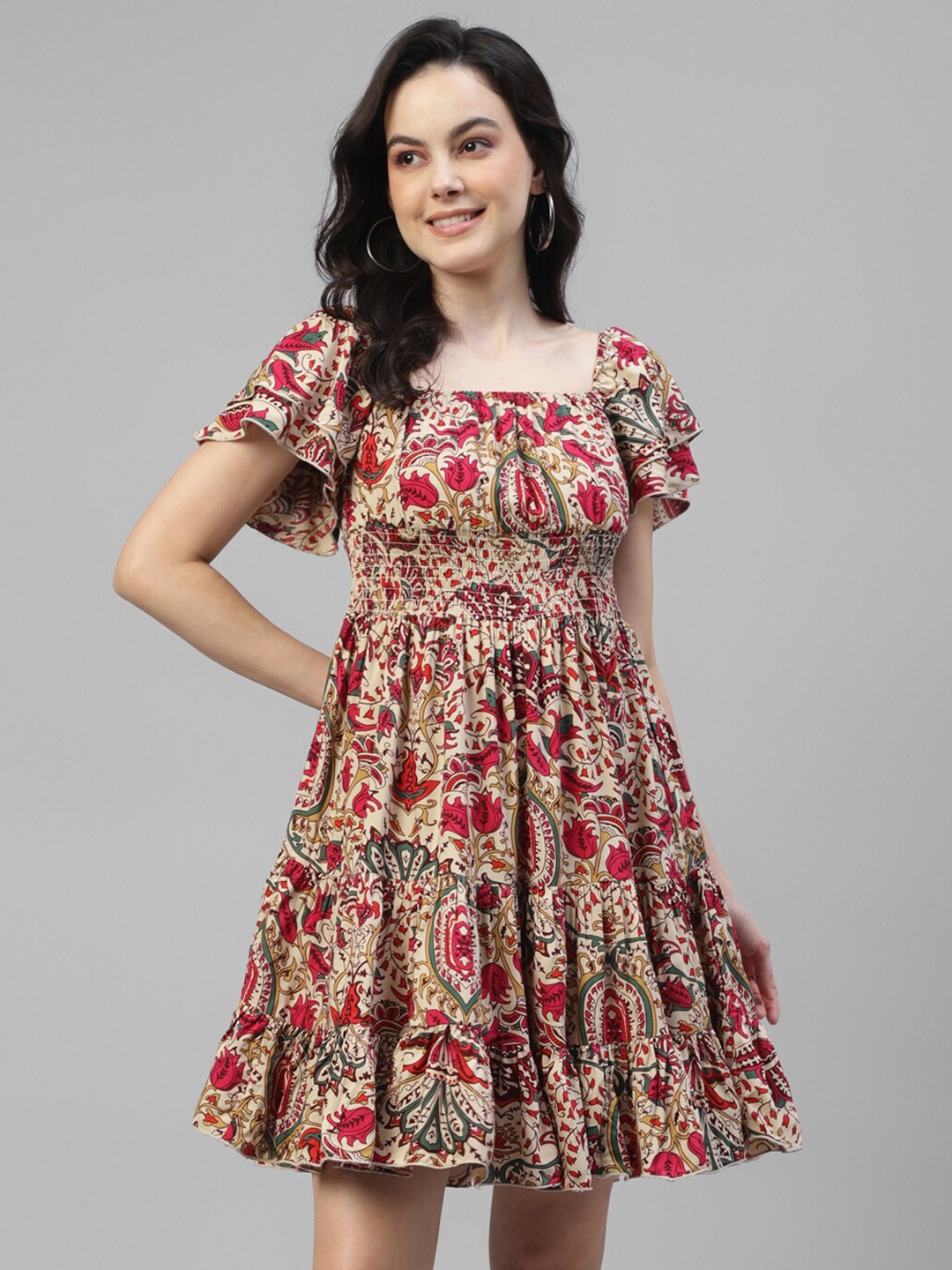 

DEEBACO Ethnic Motifs Printed Smocked Tiered Fit & Flare Dress, Beige