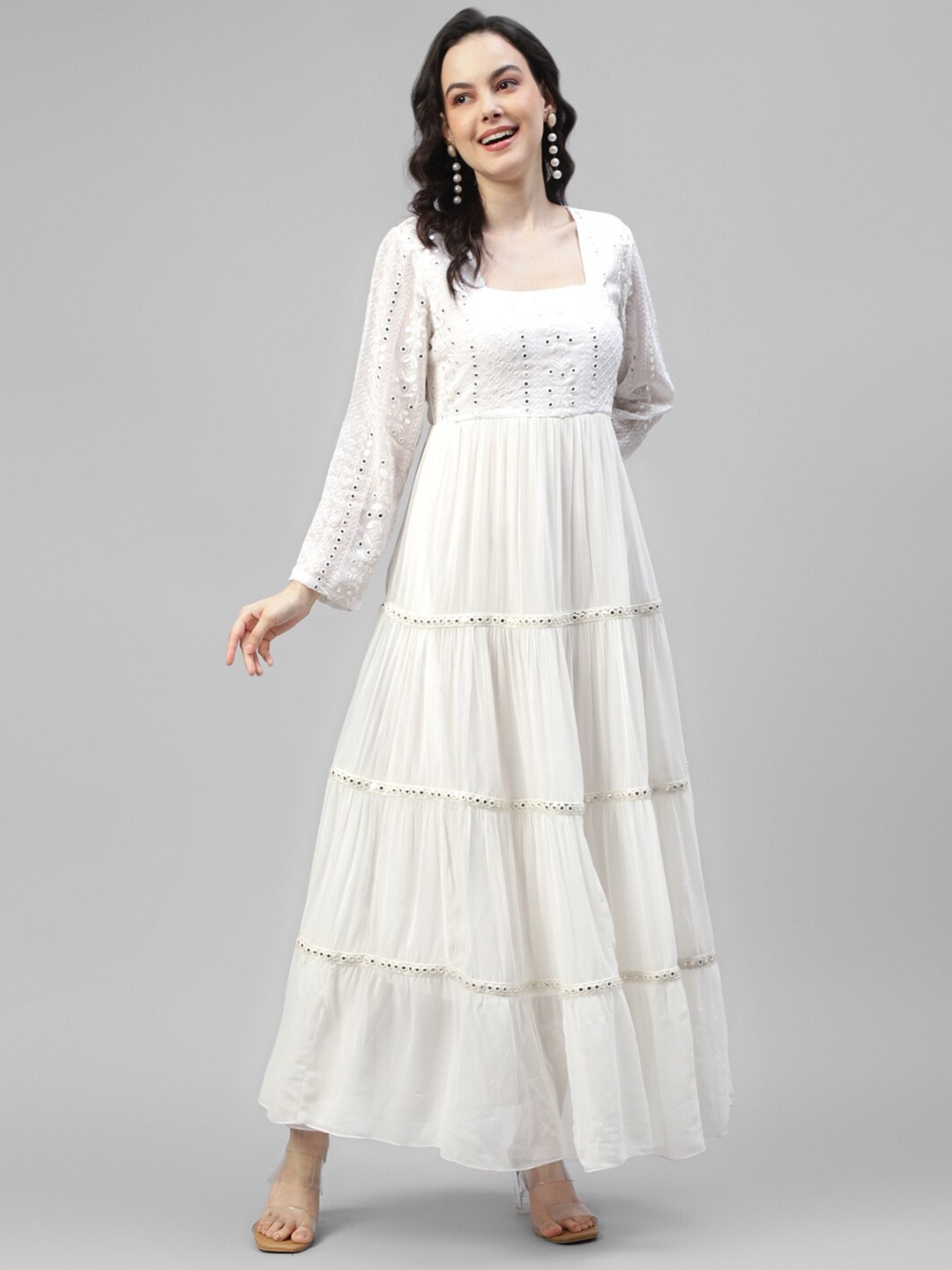 

DEEBACO Ethnic Motifs Embroidered Tiered Georgette Fit & Flare Maxi Dress, White