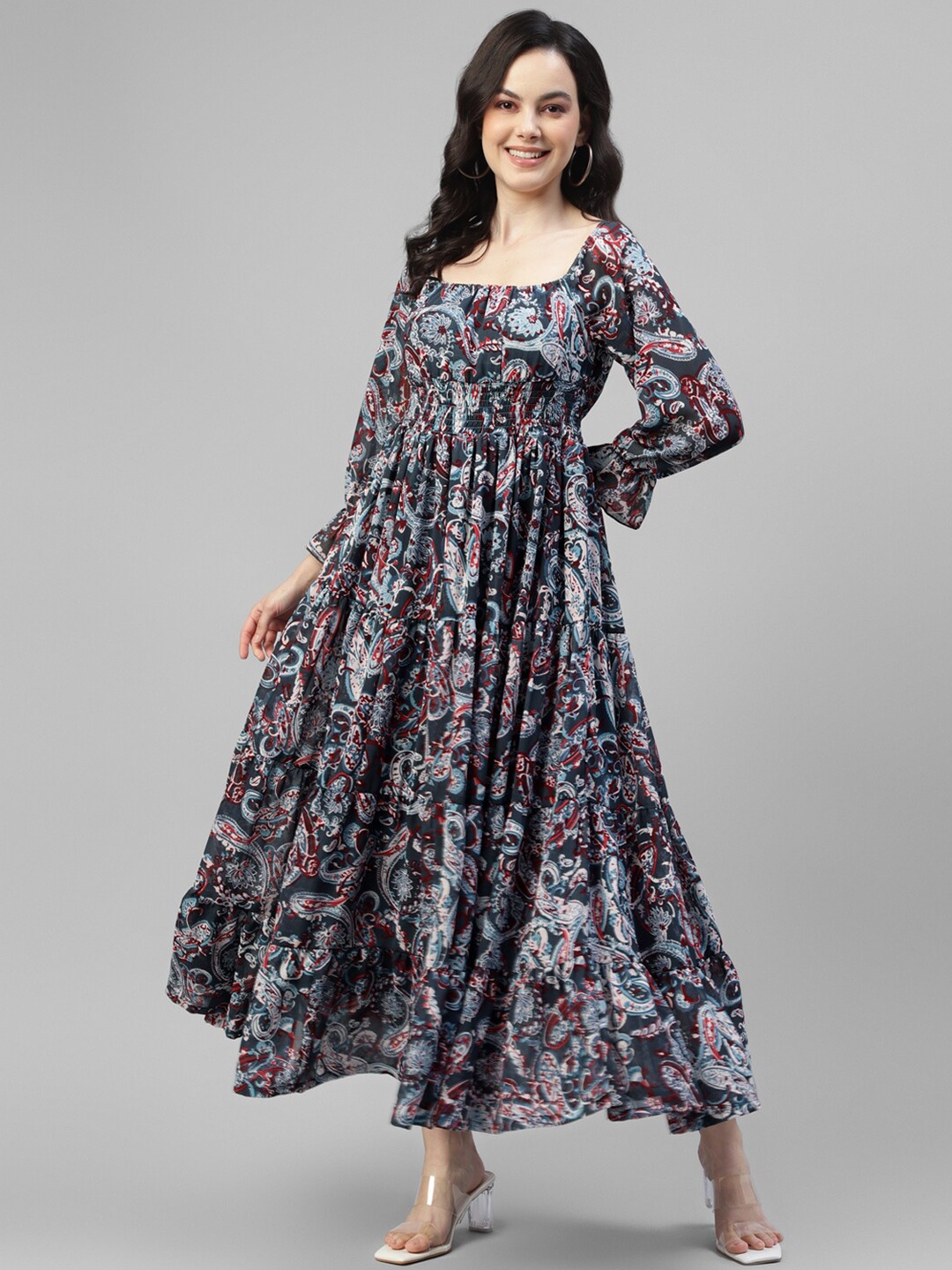 

DEEBACO Ethnic Motifs Printed Smocked Tiered Georgette Fit & Flare Maxi Dress, Grey