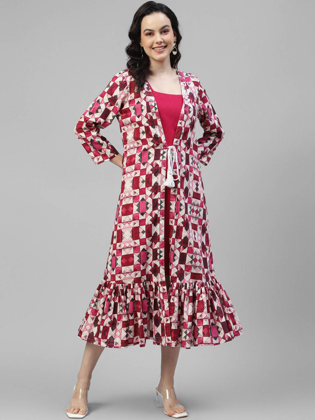 

DEEBACO Geometric Printed A-Line Midi Dress With Shrug, Red