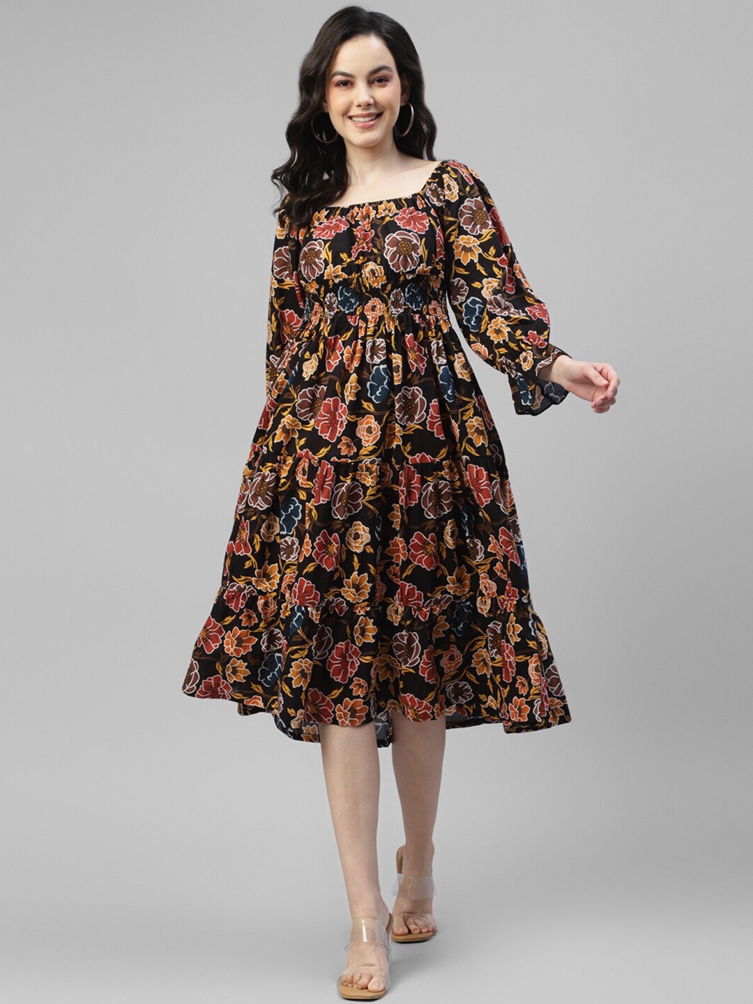 

DEEBACO Floral Printed Puff Sleeve Smocked Fit & Flare Midi Dress, Black