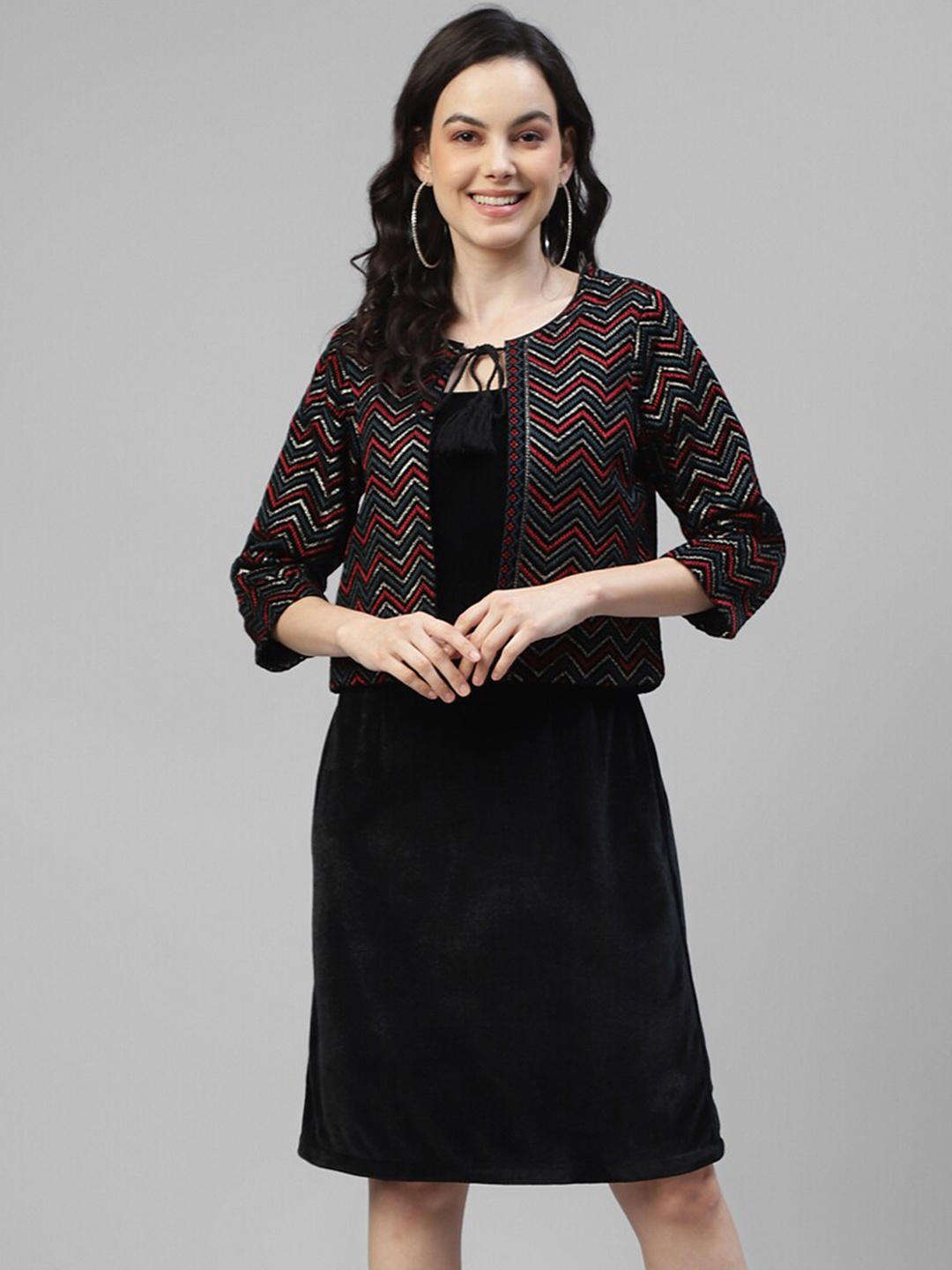 

DEEBACO Embroidered Tie-Up Neck Velvet A-Line Dress, Black