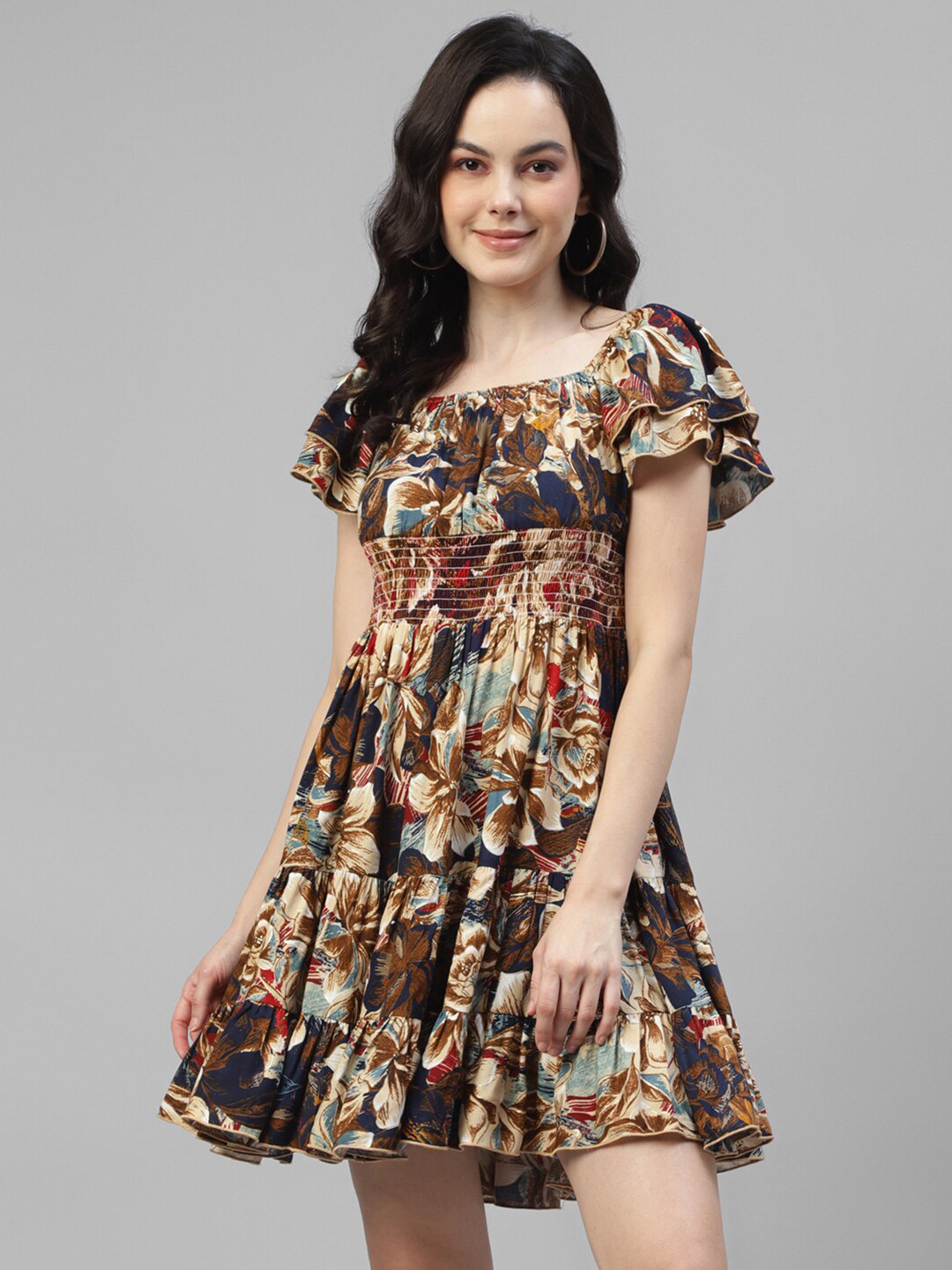 

DEEBACO Floral Printed Flared Sleeve Smocked Fit & Flare Dress, Brown