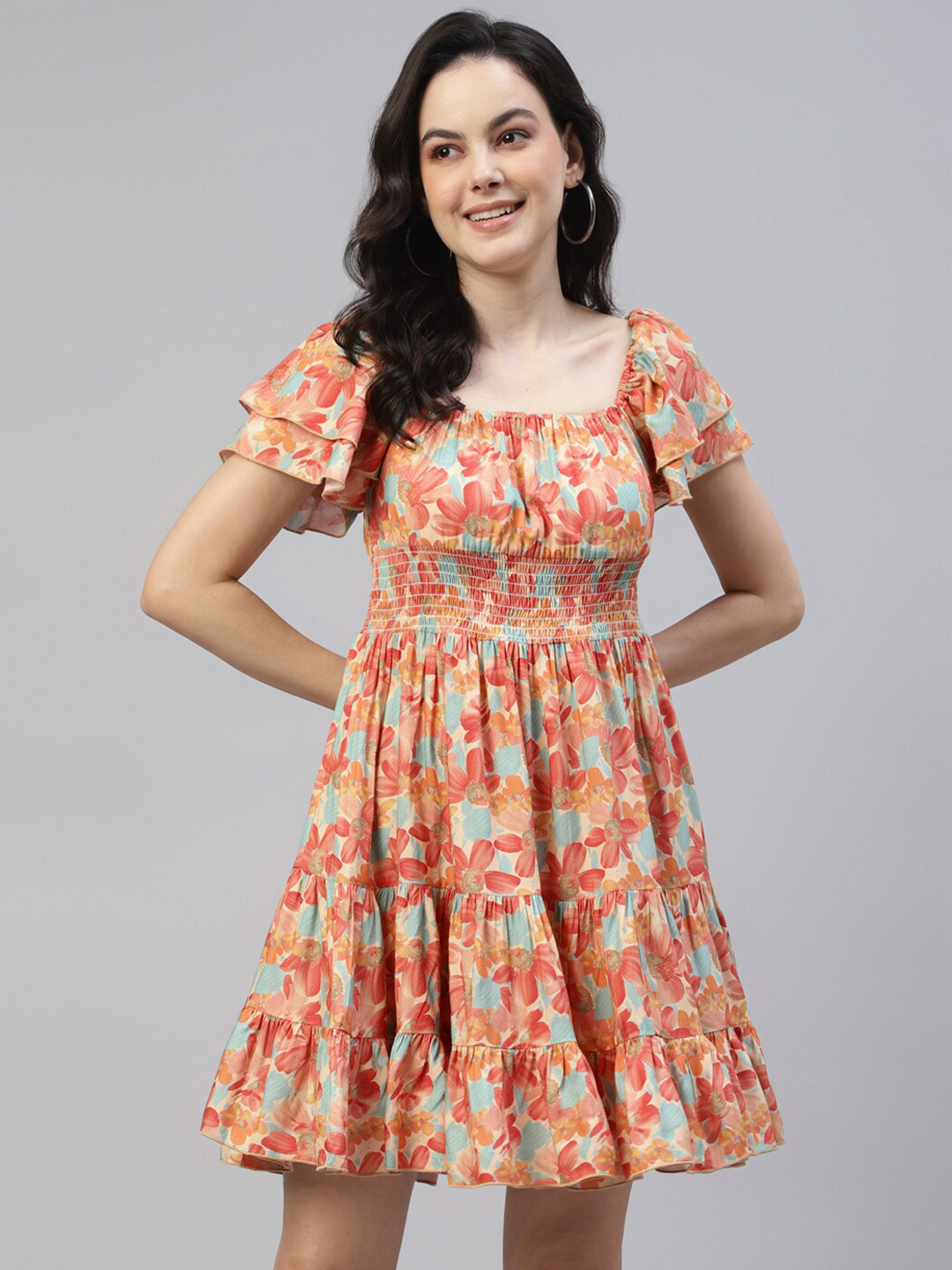 

DEEBACO Floral Printed Flared Sleeve Smocked Fit & Flare Dress, Orange