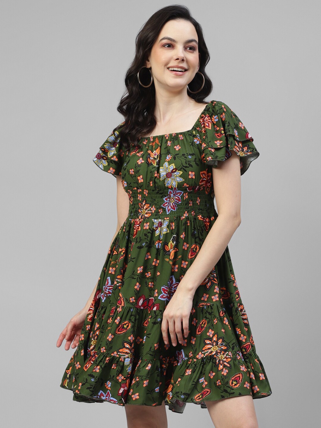 

DEEBACO Floral Printed Flared Sleeve Smocked Fit & Flare Dress, Green