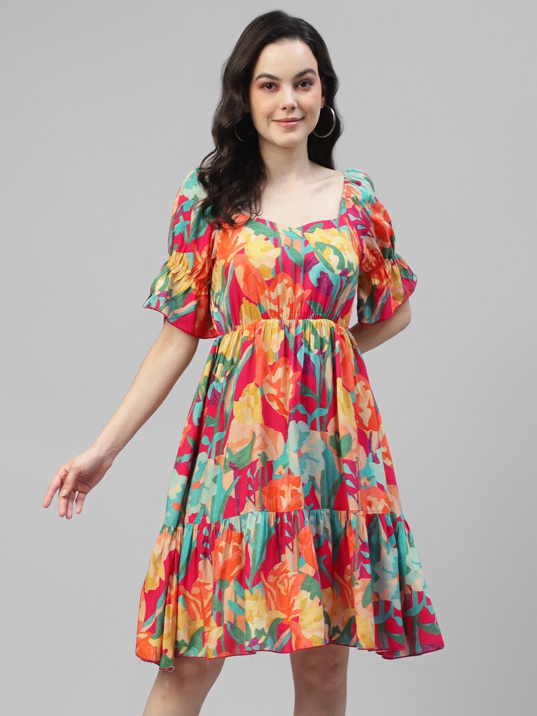 

DEEBACO Floral Printed Sweetheart Neck Tiered A-Line Dress, Orange