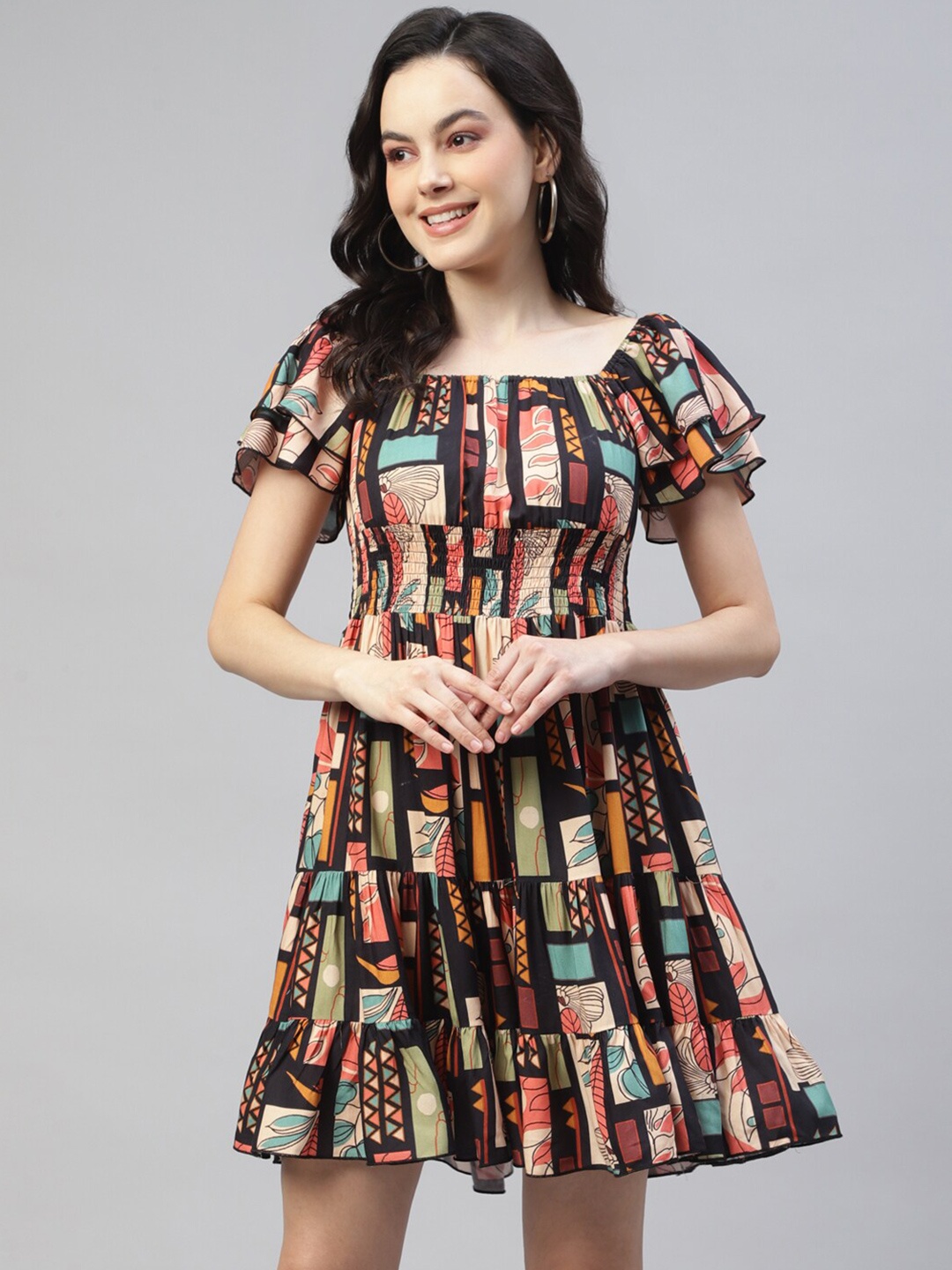 

DEEBACO Geometric Printed Smocked Tiered Fit & Flare Dress, Black