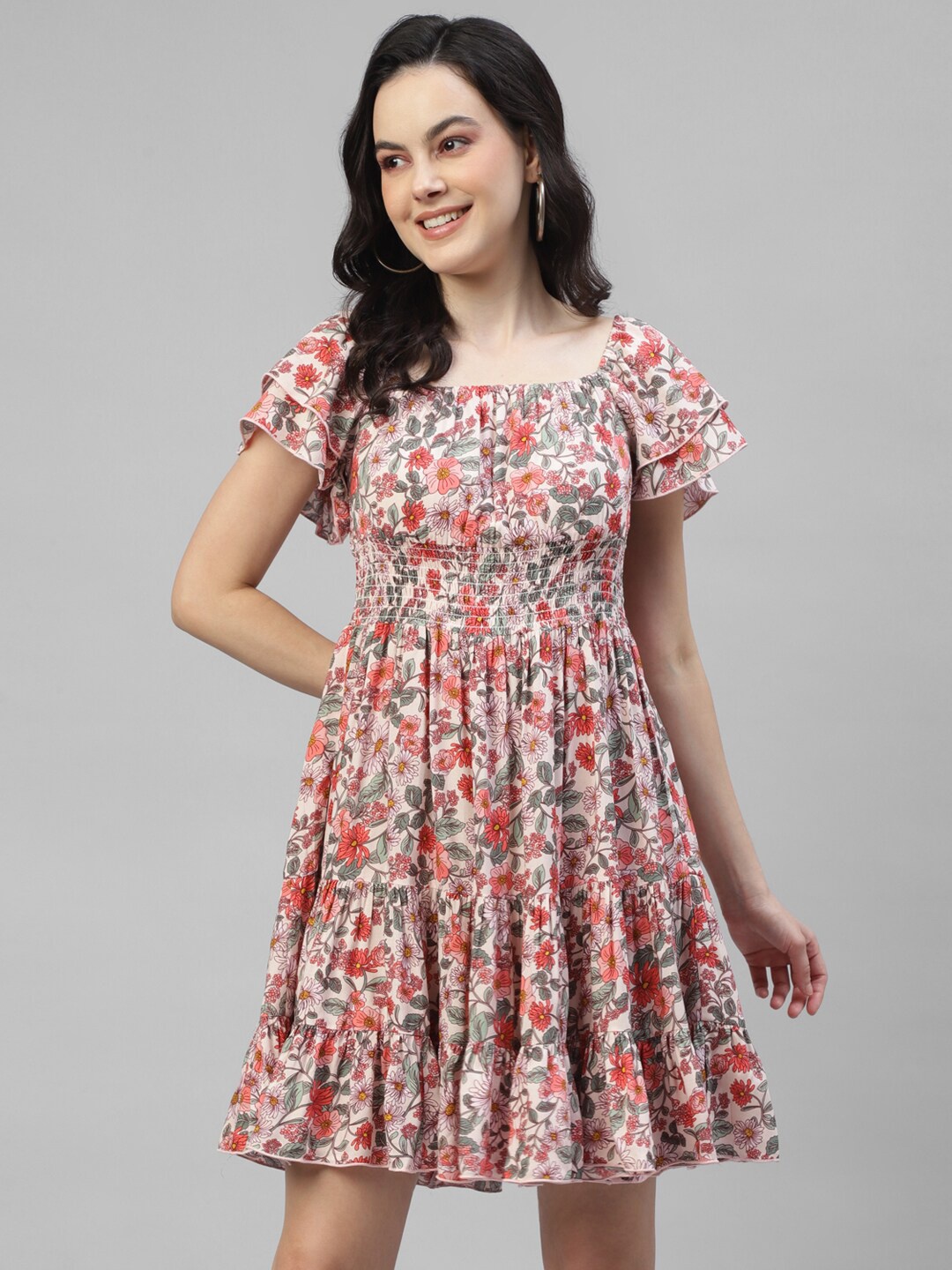 

DEEBACO Floral Printed Smocked Tiered Fit & Flare Dress, Pink