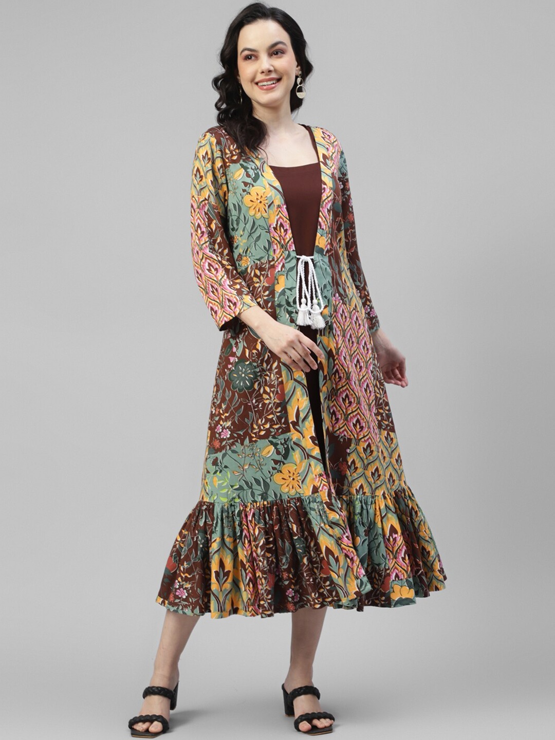 

DEEBACO Floral Printed Tiered A-Line Midi Dress, Brown