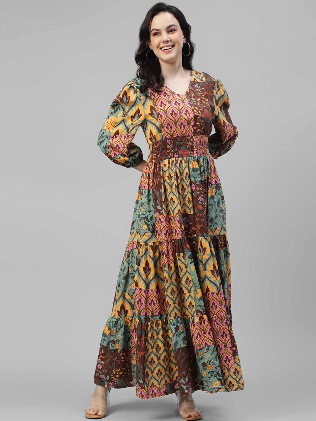 

DEEBACO Floral Printed Puff Sleeve Smocked Maxi Dress, Brown