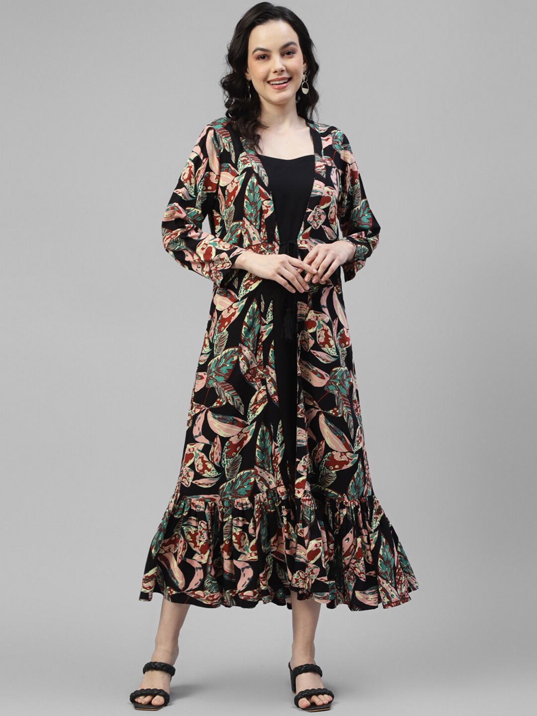 

DEEBACO Floral Printed A-Line Midi Dress, Black