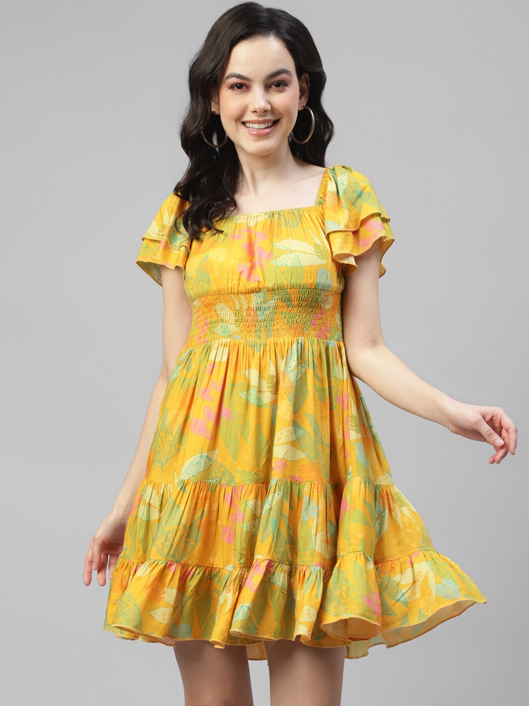 

DEEBACO Tropical Printed Smocked Tiered Fit & Flare Dress, Lime green