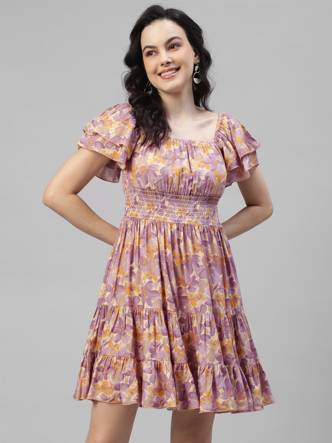 

DEEBACO Floral Printed Smocked Tiered Fit & Flare Dress, Lavender