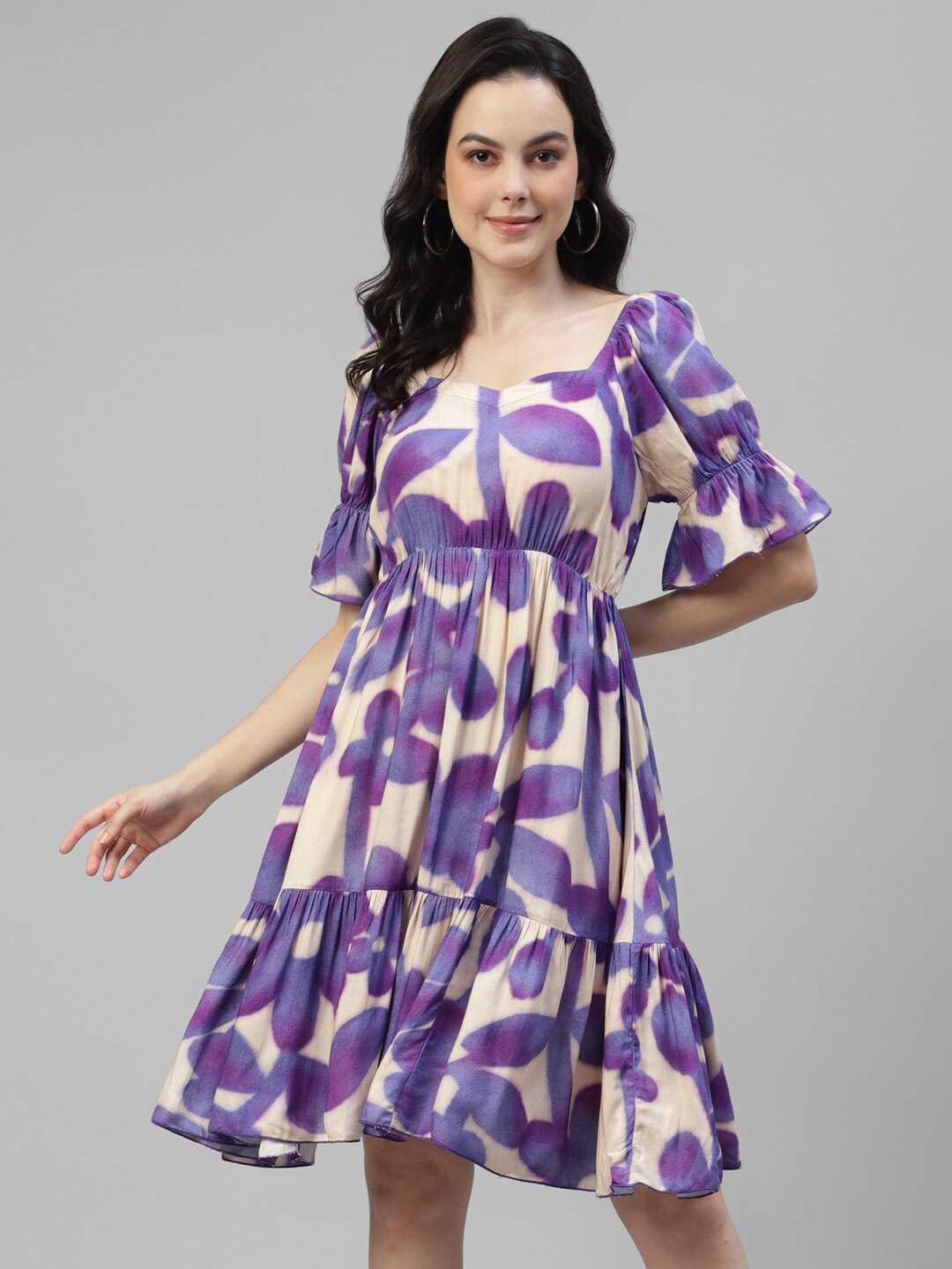 

DEEBACO Floral Printed Bell Sleeve Tiered Fit & Flare Dress, Purple