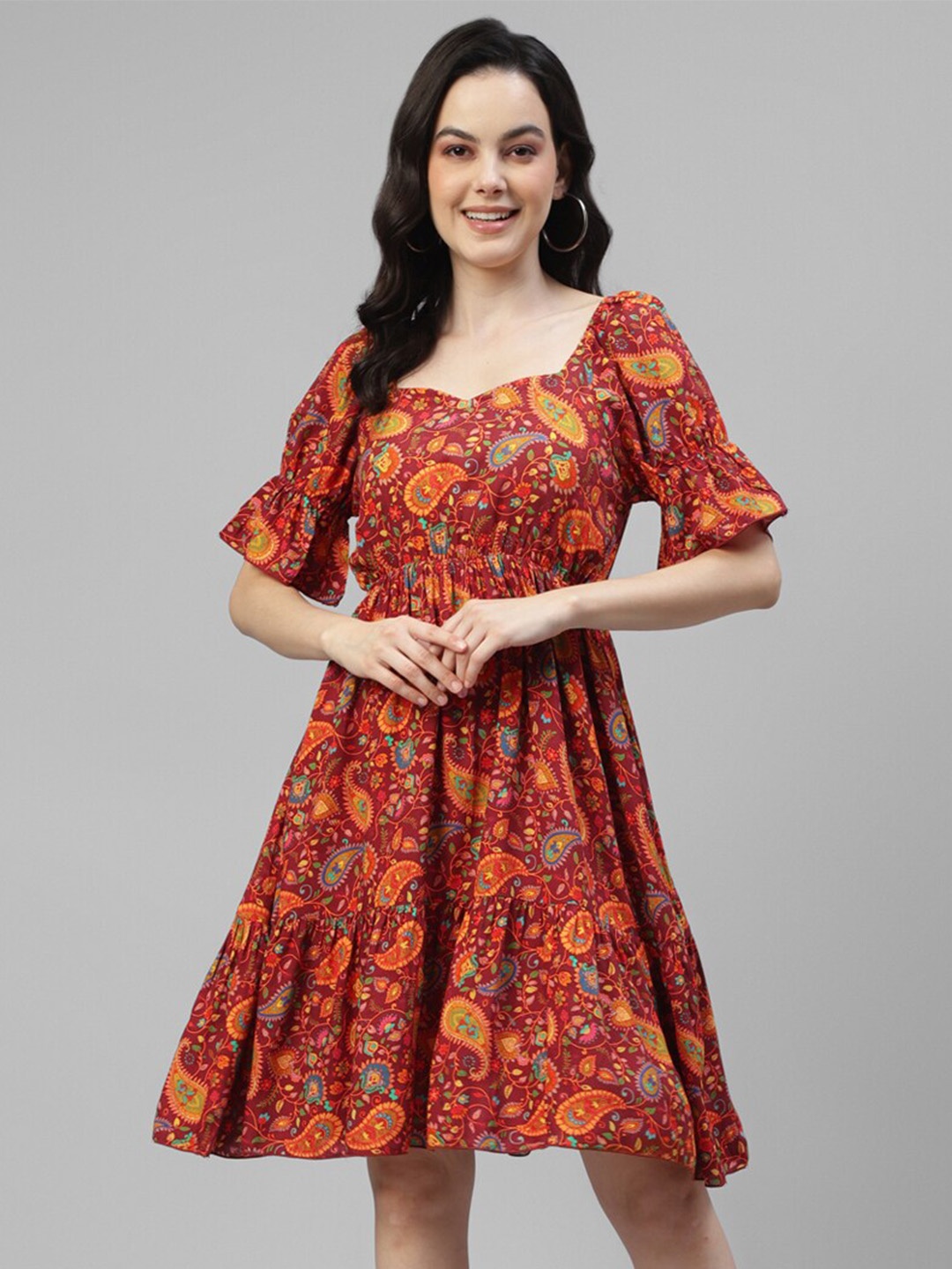 

DEEBACO Ethnic Motifs Printed Bell Sleeves Tiered A-Line Dress, Maroon