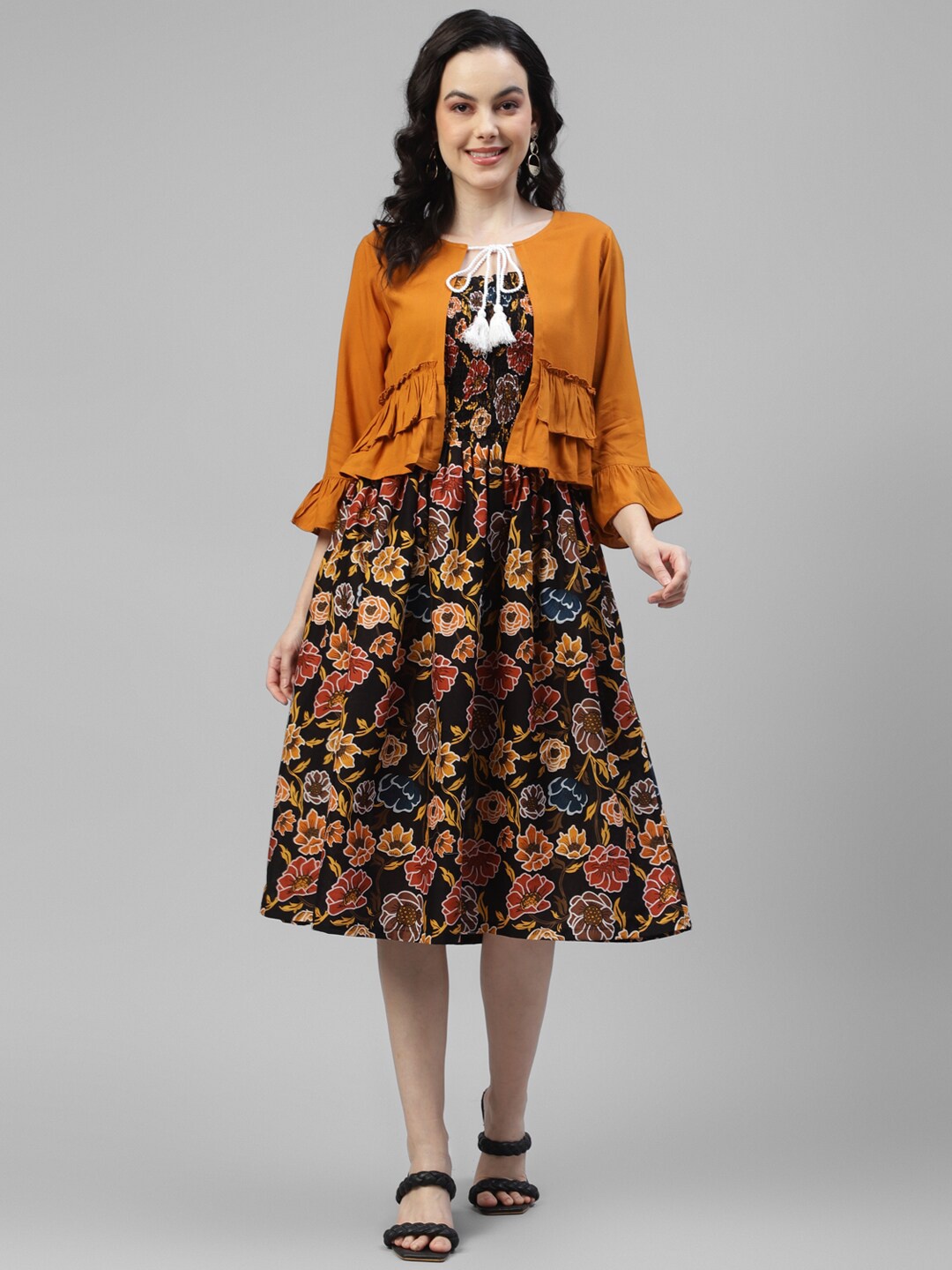 

DEEBACO Floral Print Tie-Up Neck Bell Sleeve Fit & Flare Midi Dress With Shrug, Black