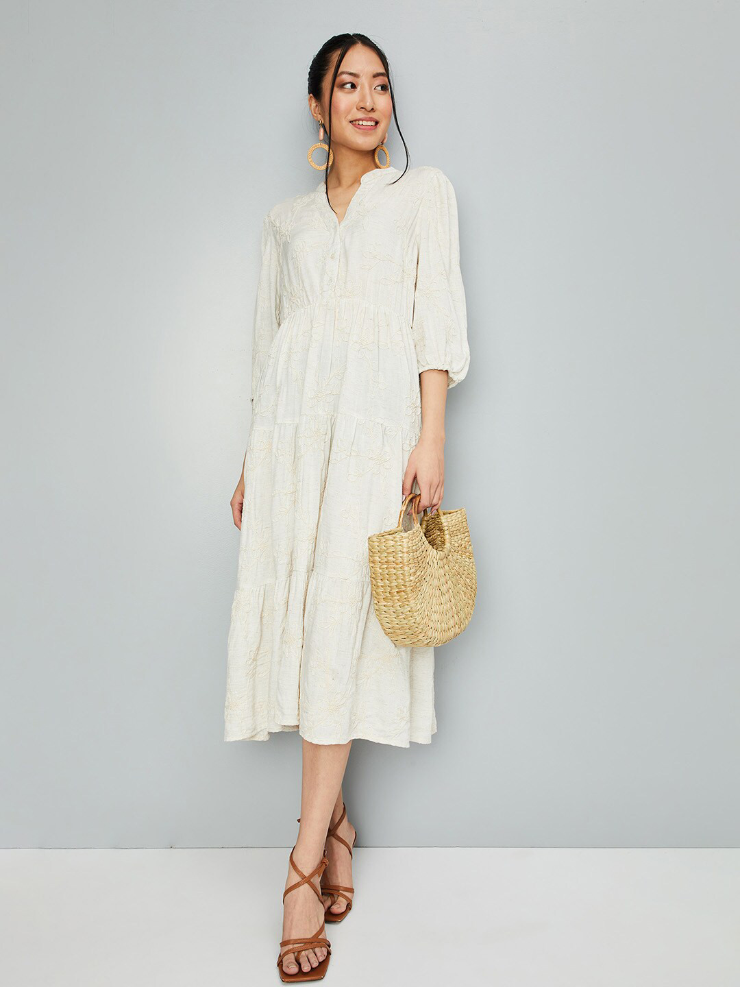 

max Mandarin Collar Tiered A-Line Dress, Green