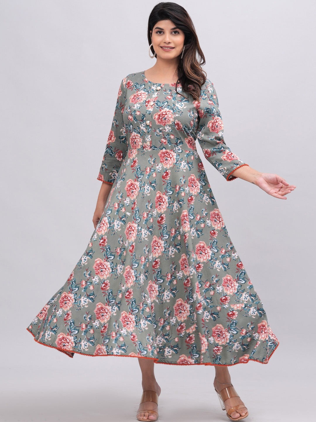 KALINI Floral Printed Fit and Flare Ethnic Dresses, Grey