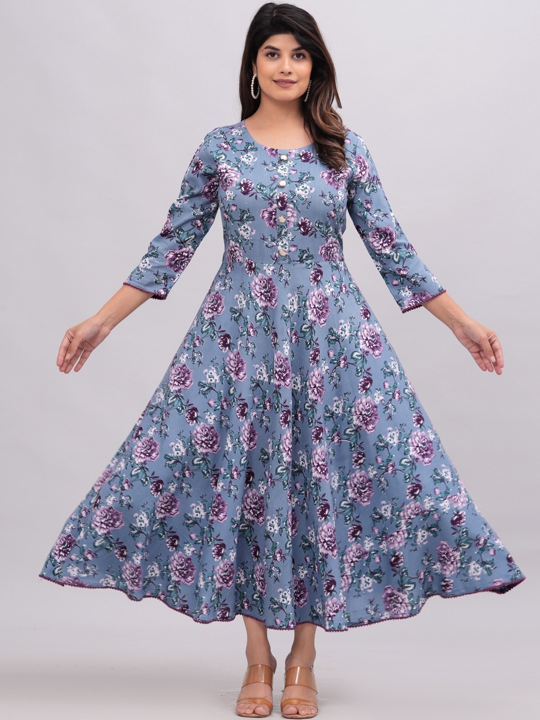 KALINI Floral Printed A-Line Ethnic Dresses, Purple