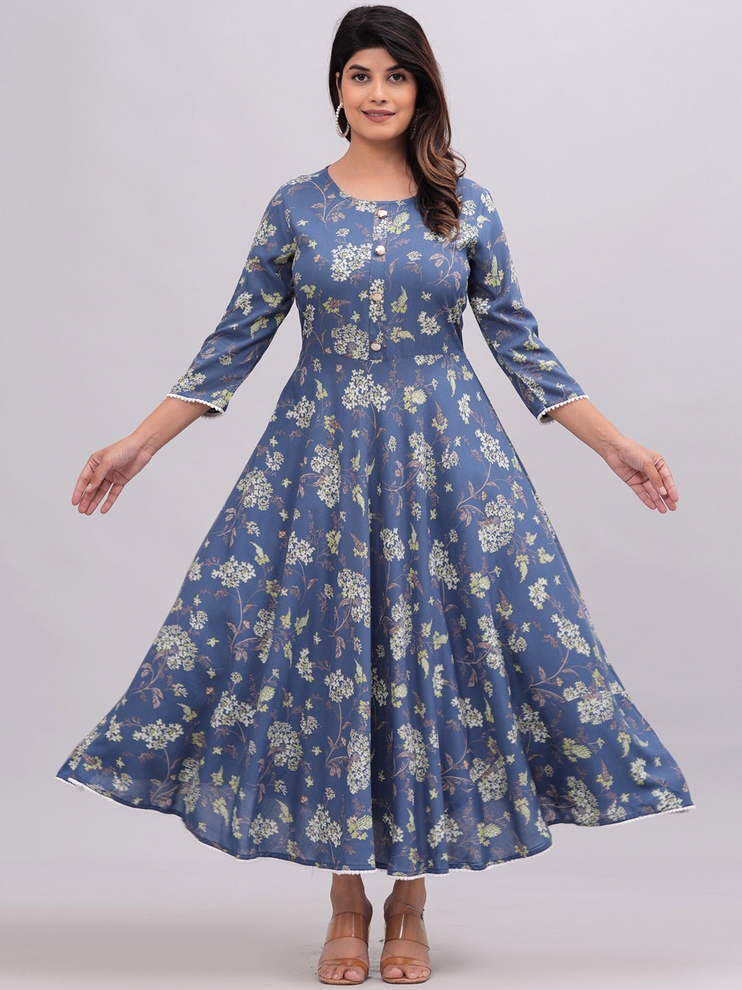 

KALINI Floral Printed Fit and Flare Ethnic Dresses, Blue