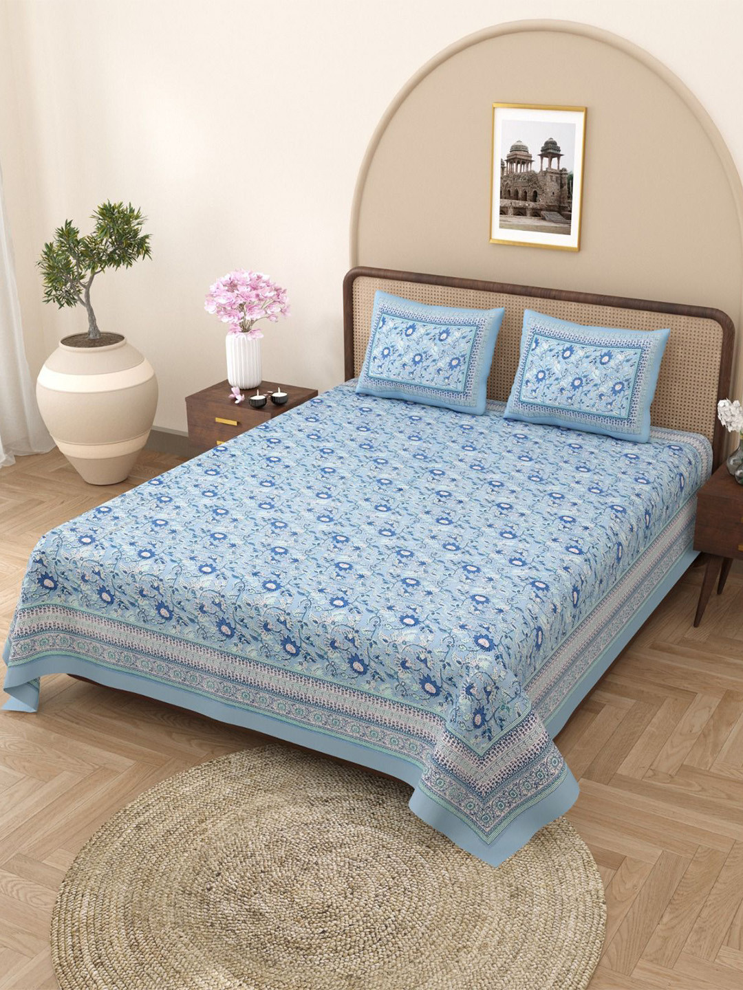 

Rajasthanikart Blue & White Floral Cotton 144 TC Fitted King Bedsheet & 2 Pillow Covers