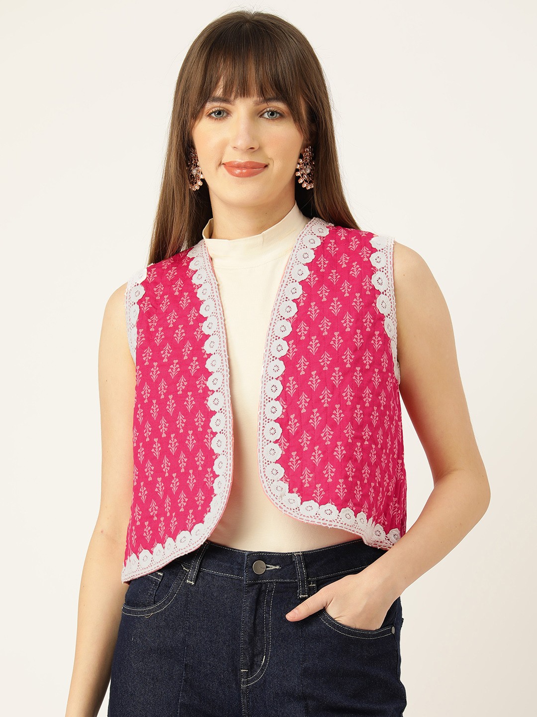 

Jaipur Morni Geometric Lightweight Crop Pure Cotton Tailored Jacket, Pink