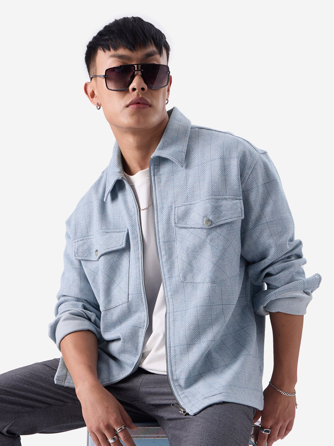 

The Souled Store Blue Windowpane Checks Flannel Pure Cotton Oversized Shacket