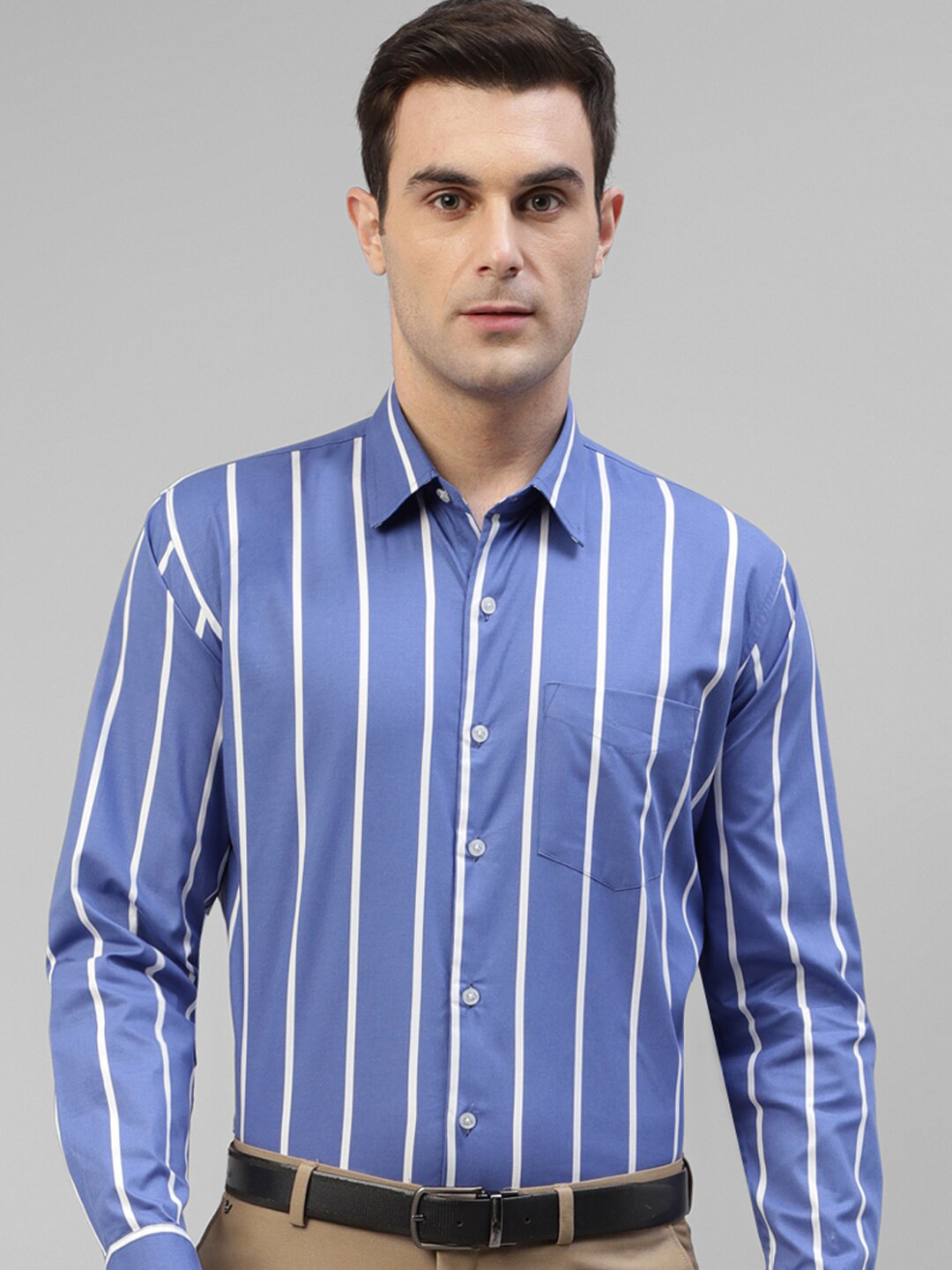 

Hancock Modern Slim Fit Vertical Striped Spread Collar Pure Cotton Formal Shirt, Blue