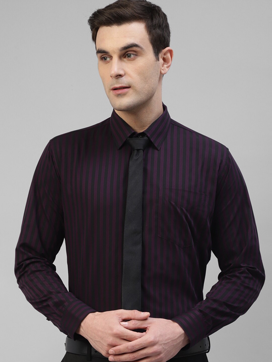 

Hancock Modern Slim Fit Vertical Striped Spread Collar Pure Cotton Formal Shirt, Purple