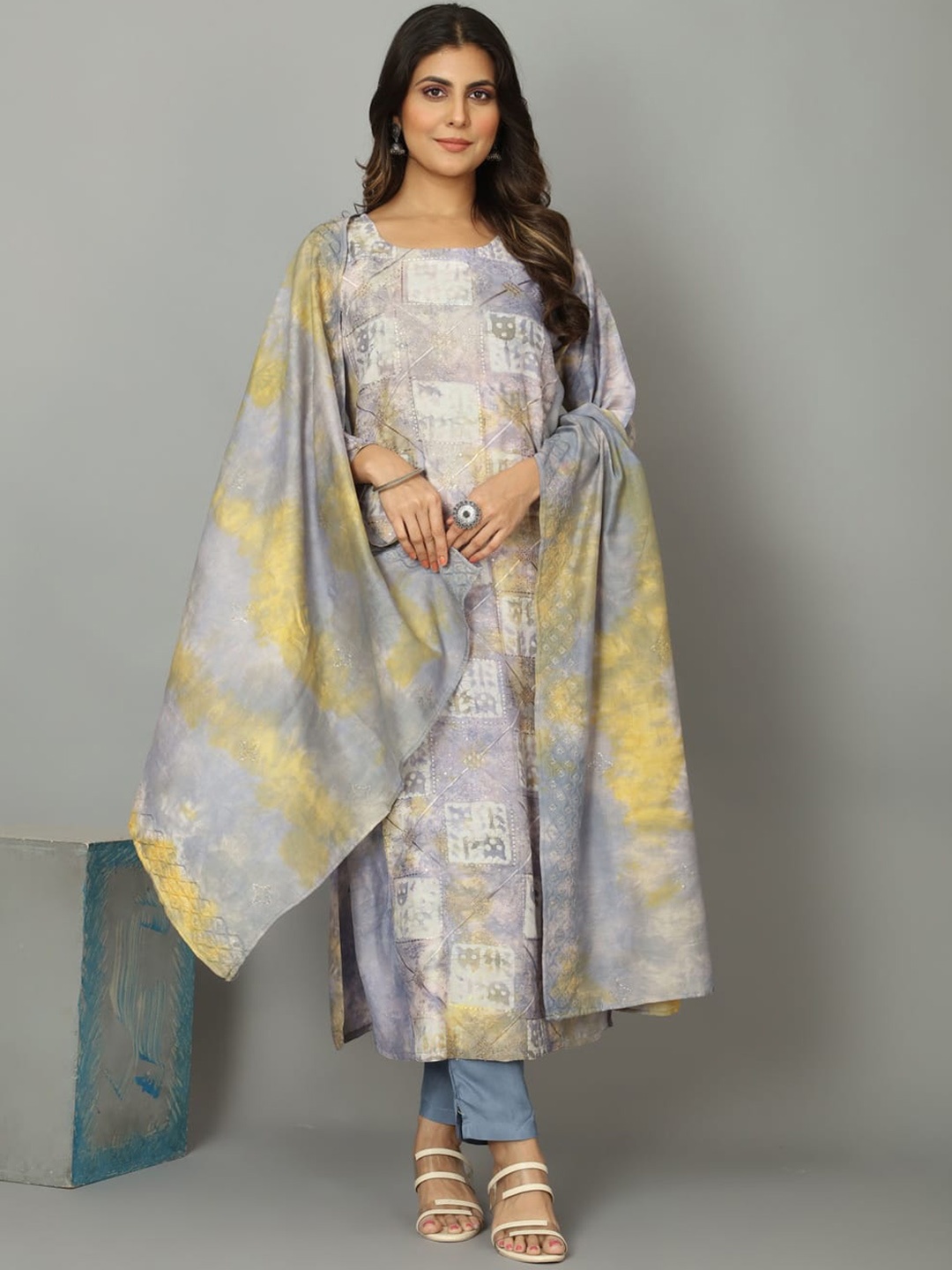 

OEQUAL Abstract Printed Pure Cotton Straight Kurta & Trouser With Dupatta, Grey