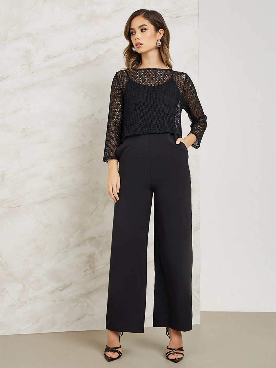 

Styli Women Black Laced Layered Basic Jumpsuit with Pockets