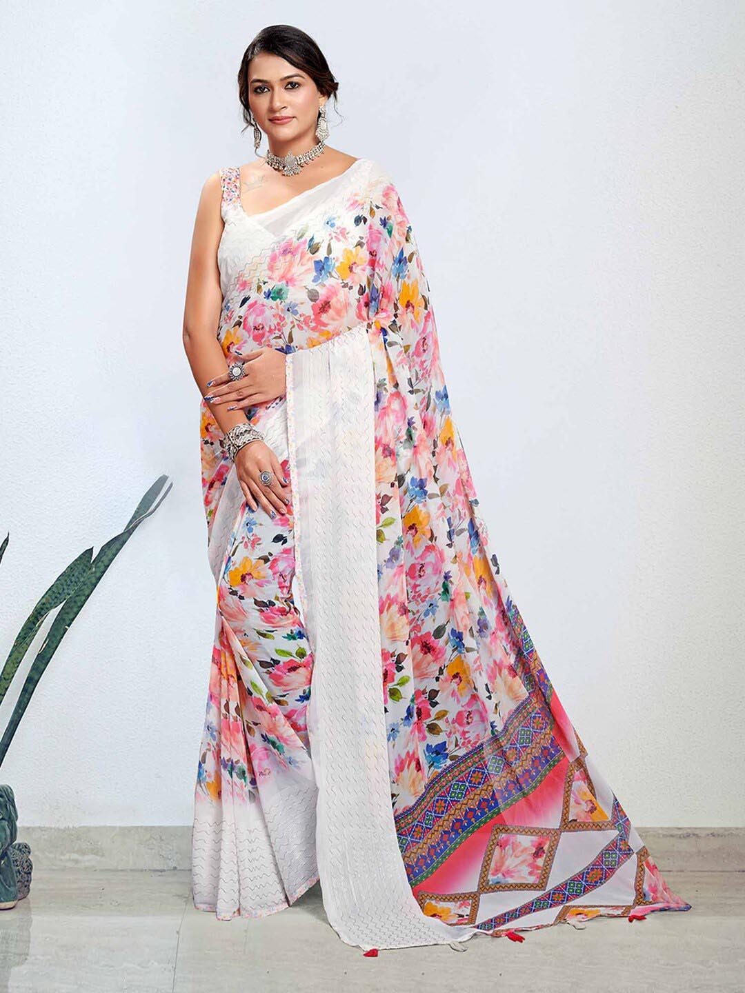 

Mitera White & Pink Floral Printed Pure Georgette Bagh Saree