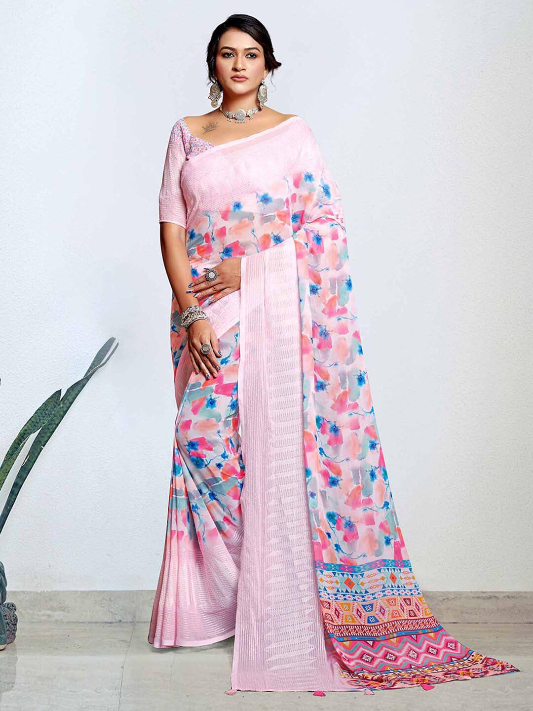 

Mitera Pink Floral Printed Embroidered Pure Georgette Bagh Saree