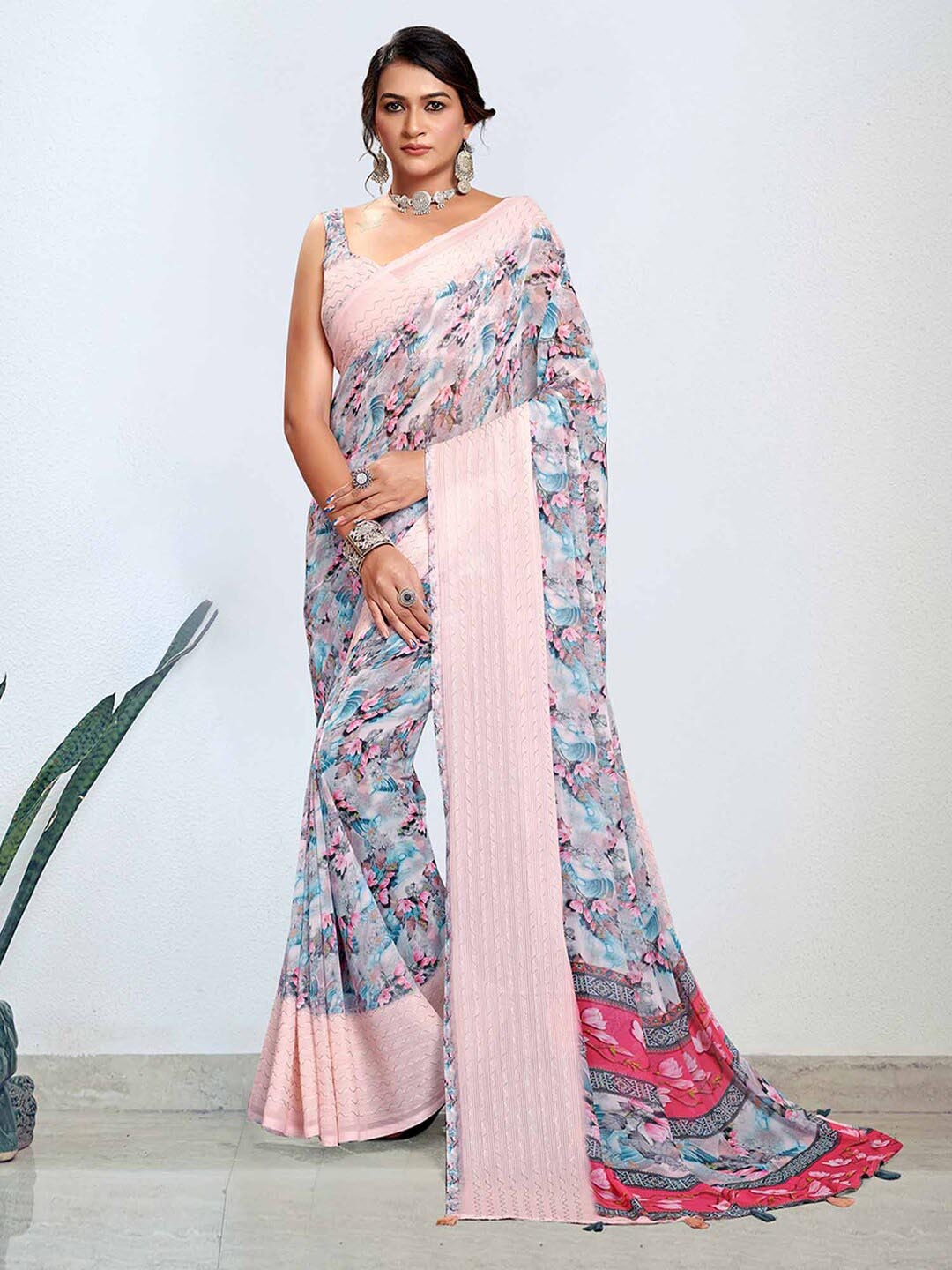 

Mitera Rose Gold & Grey Floral Printed Pure Georgette Bagh Saree