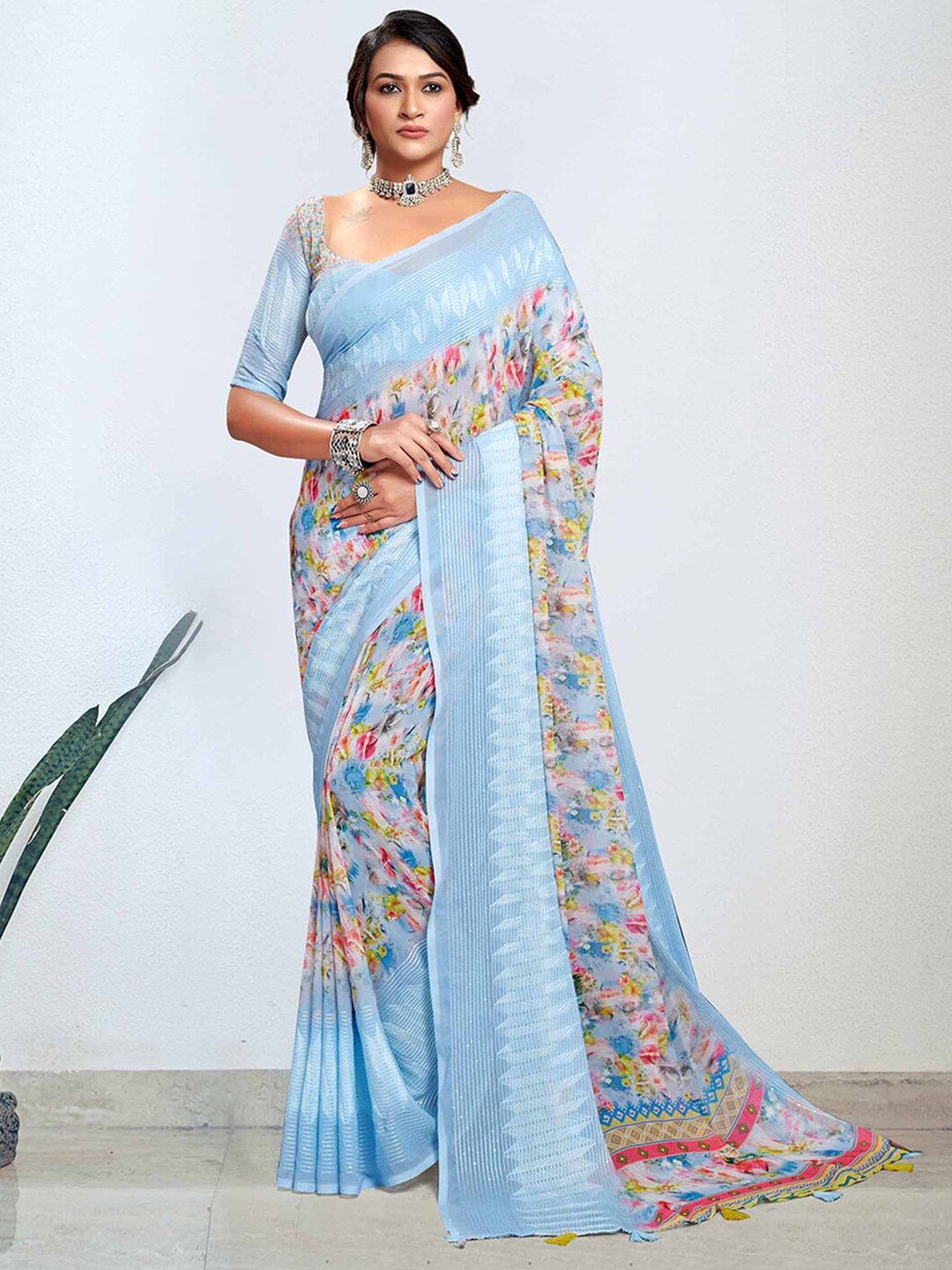 

Mitera Blue Floral Printed Poly Georgette Saree