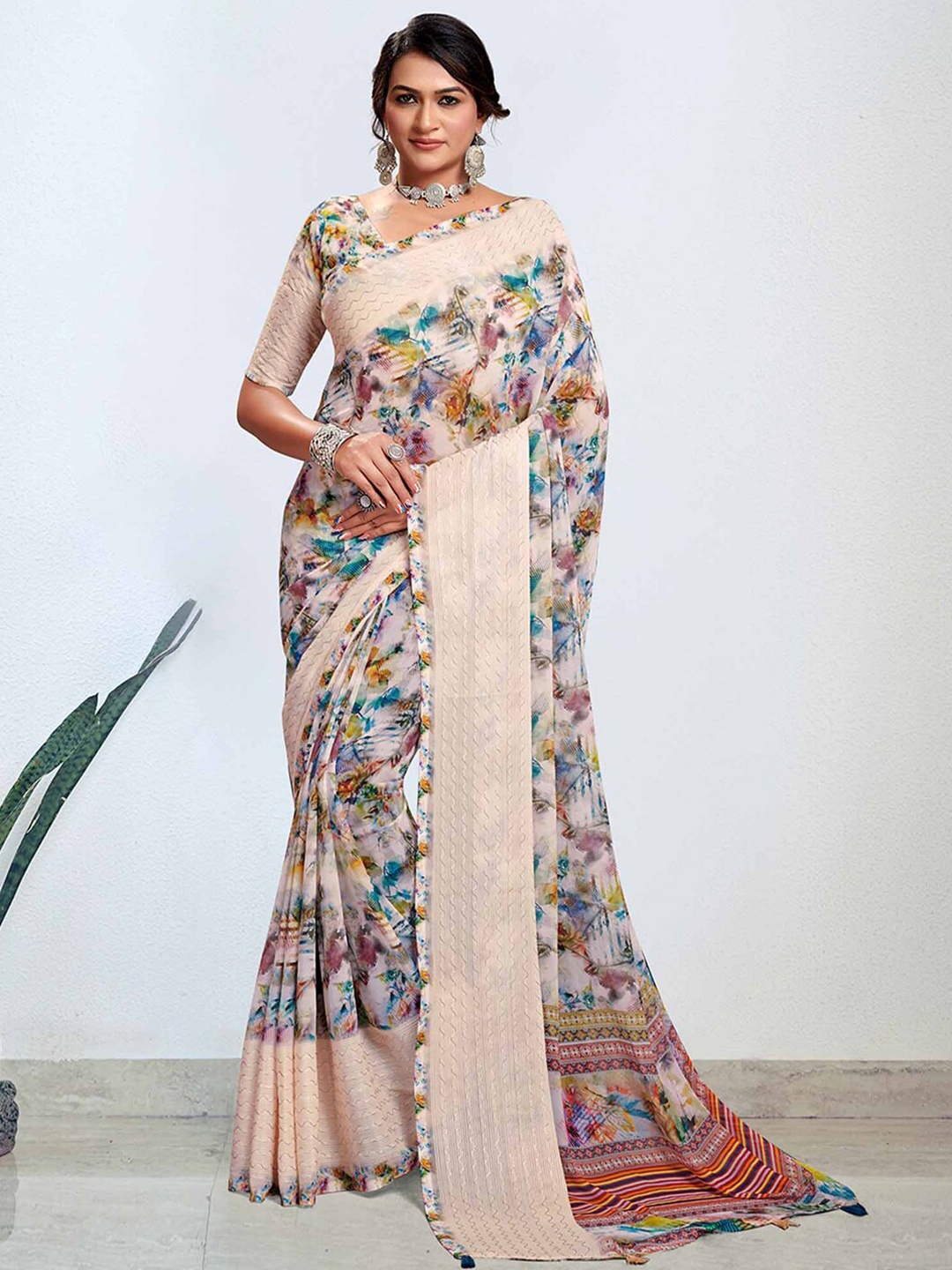 

Mitera Beige Floral Printed Pure Georgette Bagh Saree