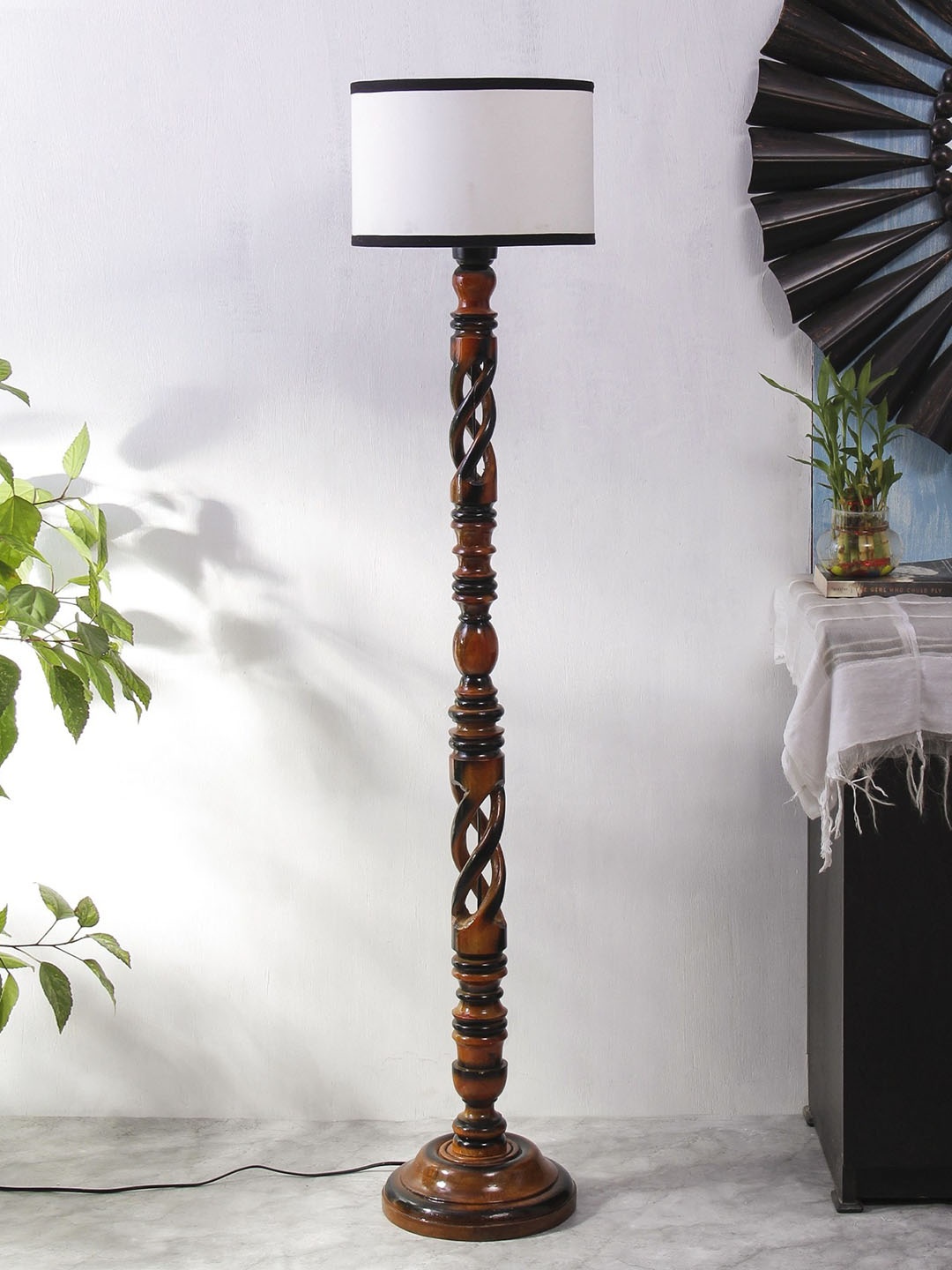 

Devansh White & Brown Open Snake Cotton Drum Wooden Floor Lamp With Cotton Shade