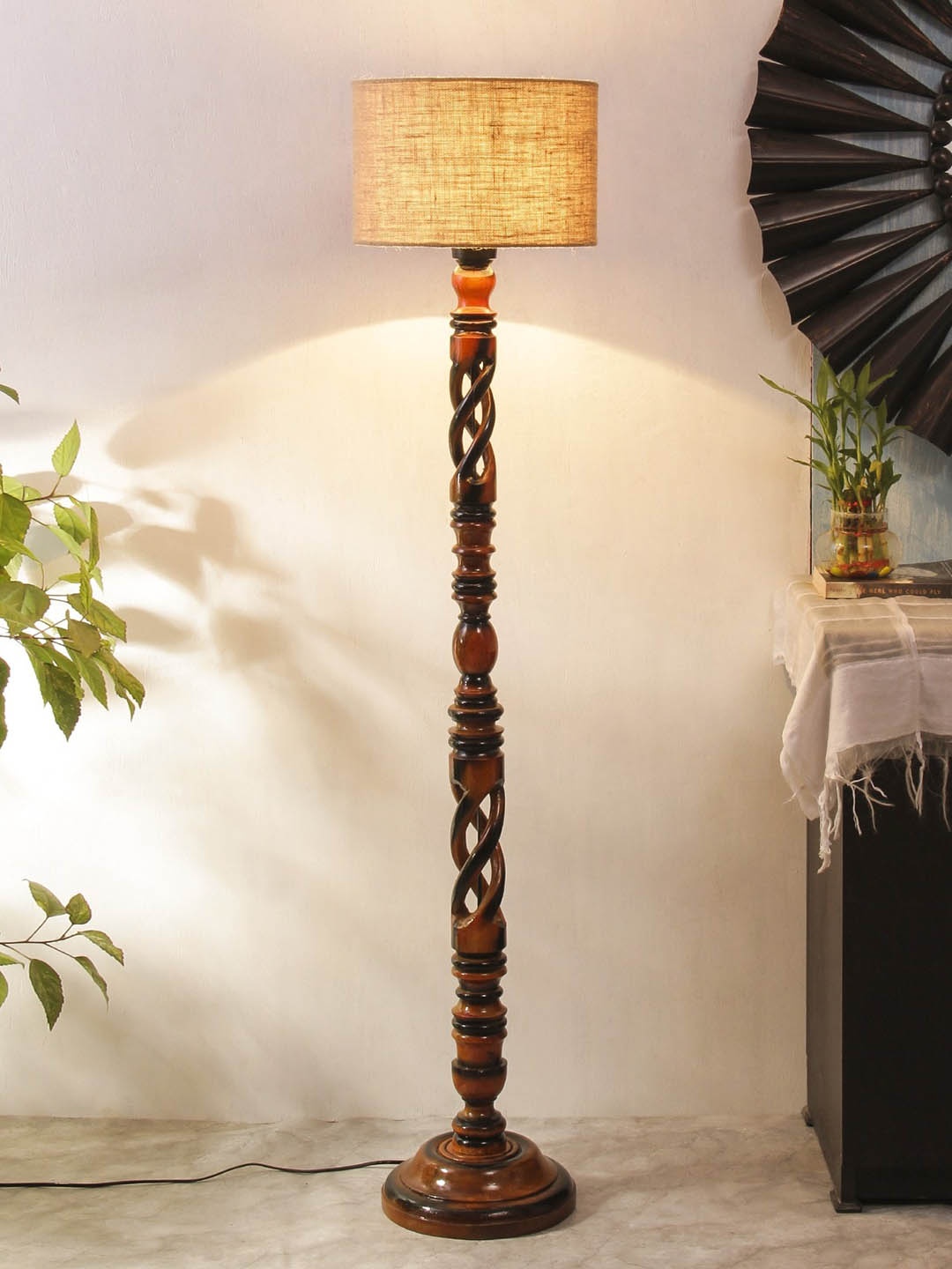 

Devansh Beige & Brown Open Snake Wooden Cylinder Floor Lamp With Jute Shade