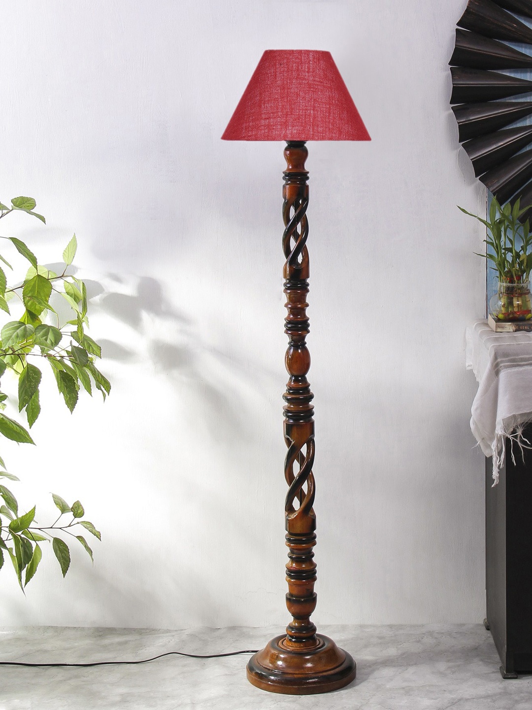 

Devansh Maroon & Brown Open Snake Conical Wooden Floor Lamp With Jute Shade